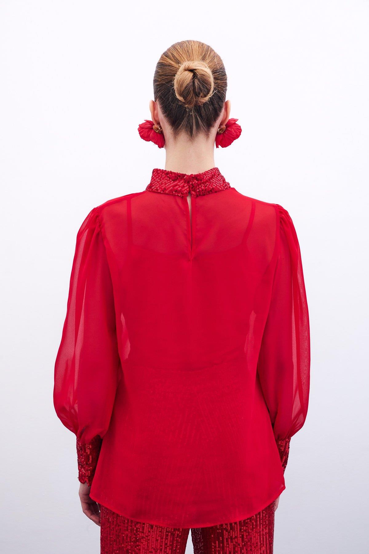 Wholesale Women's Red Chiffon Blouse with Sequin-Embellished Collar and Cuffs 0033-1676-1552