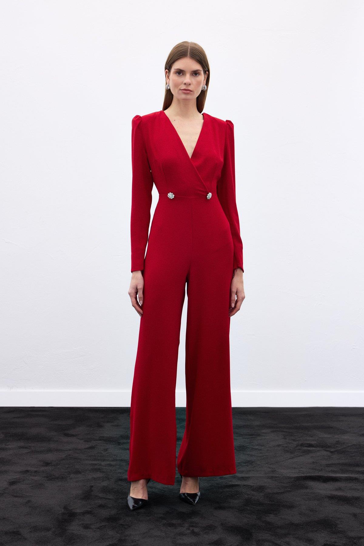 Wholesale Women's Red Crepe Jumpsuit with Rhinestone Accessories 0033-849-7001