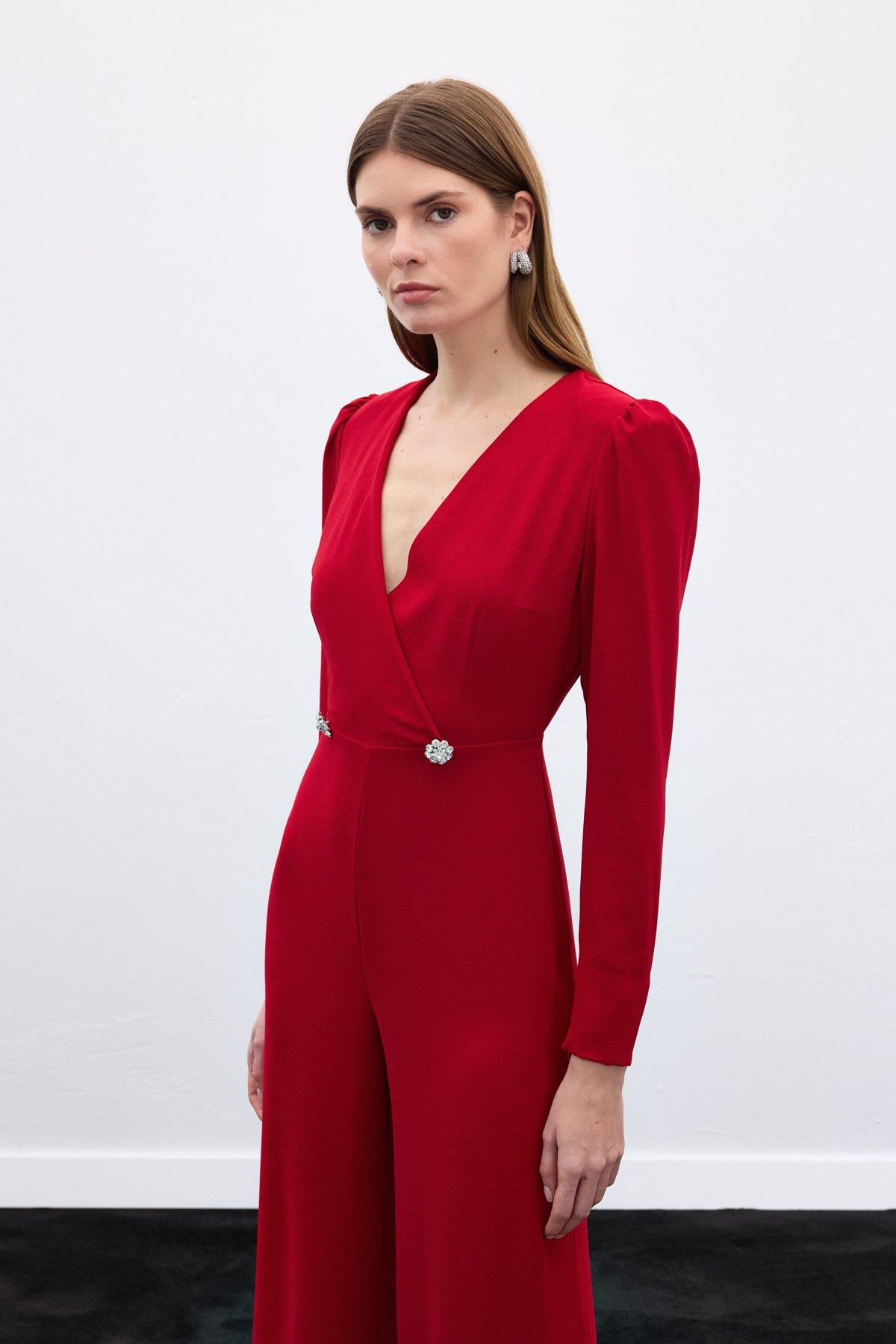 Wholesale Women's Red Crepe Jumpsuit with Rhinestone Accessories 0033-849-7001