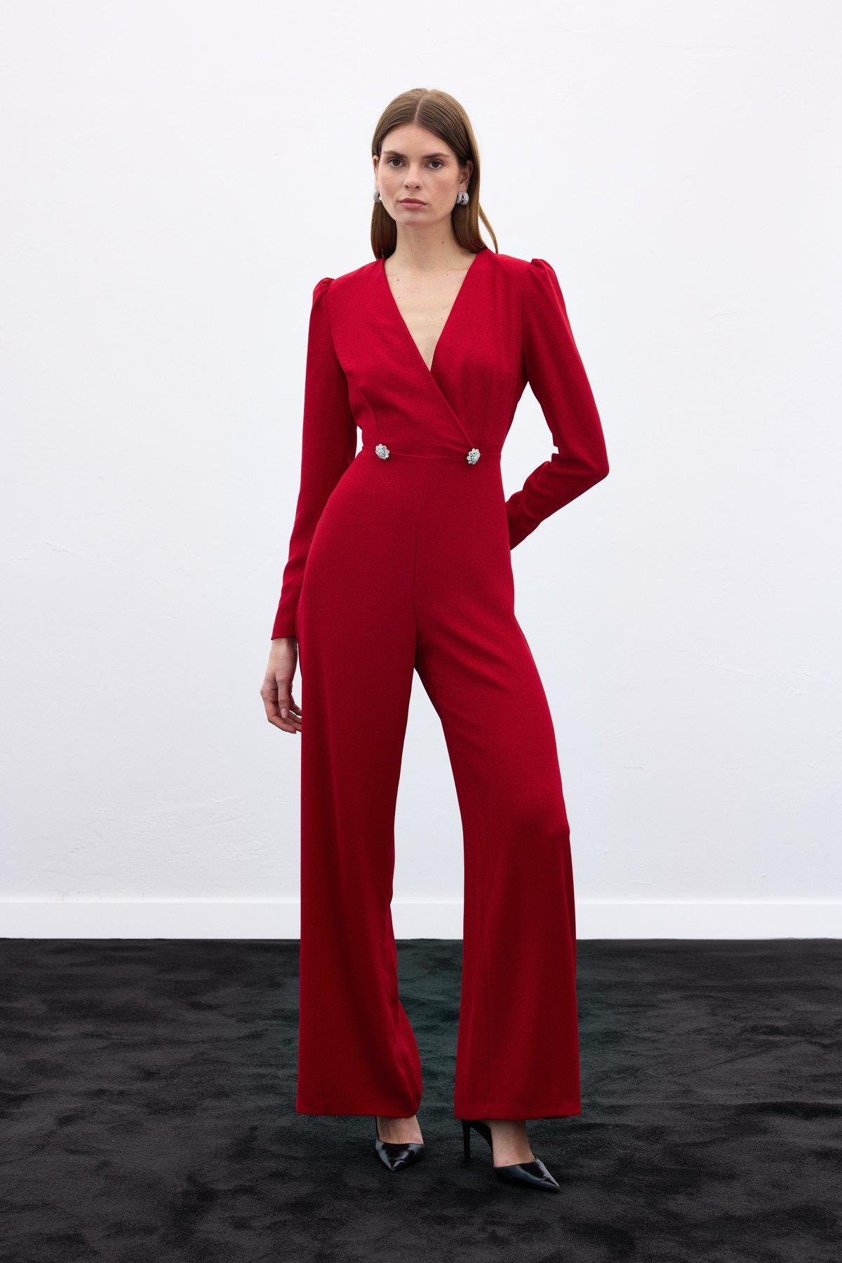 Wholesale Women's Red Crepe Jumpsuit with Rhinestone Accessories 0033-849-7001