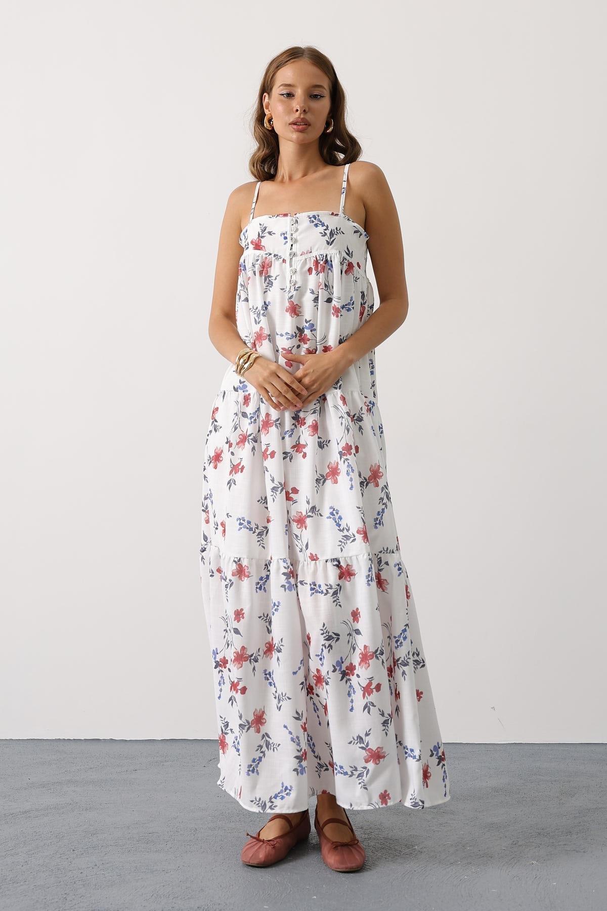 Wholesale Women's Red Floral Empire-Waist Tiered Maxi Sundress 0061-35505