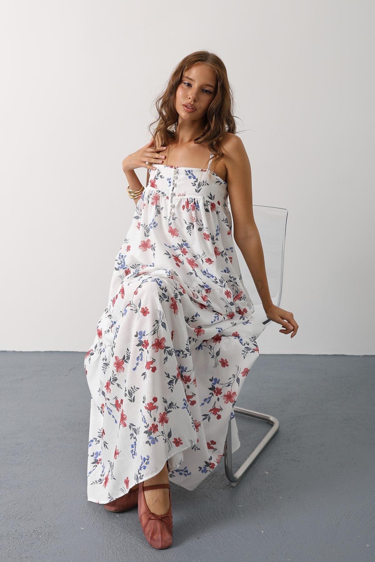 Wholesale Women's Red Floral Empire-Waist Tiered Maxi Sundress 0061-35505