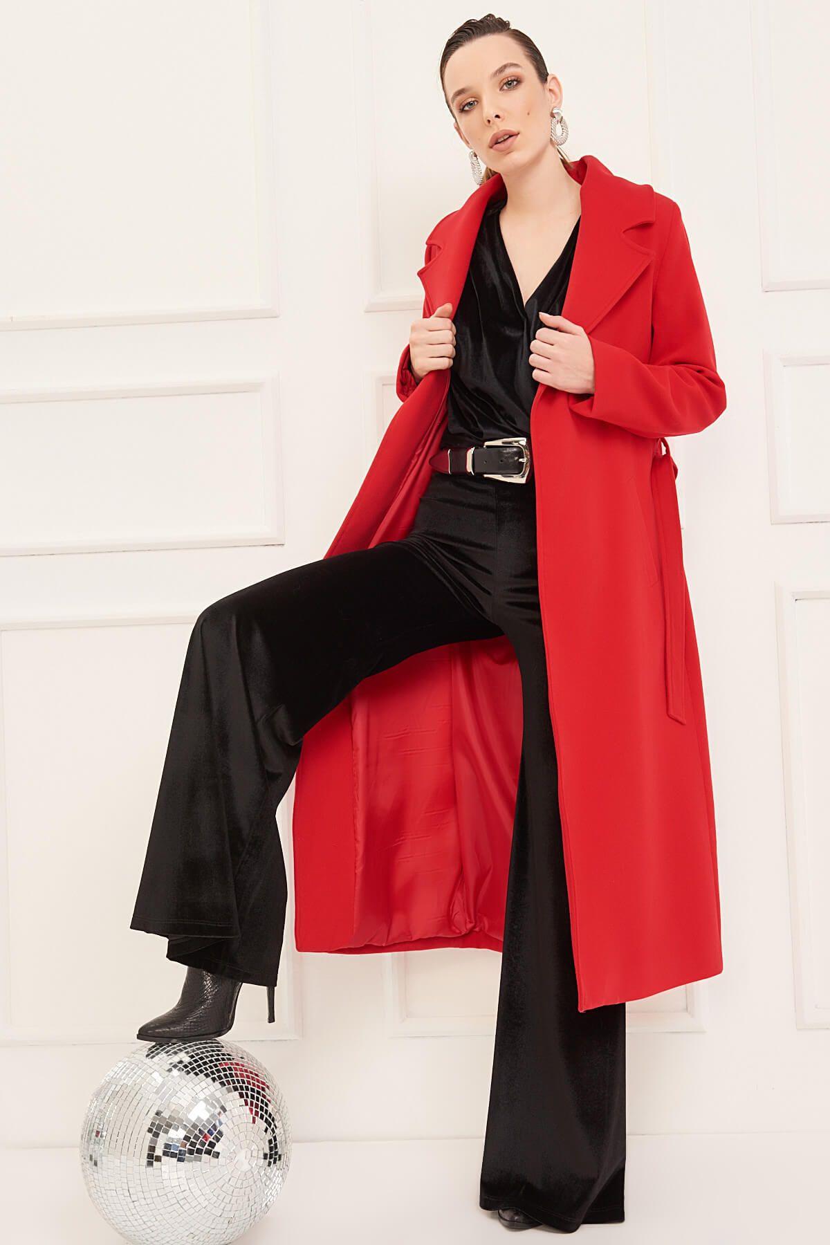 Wholesale Women's Red Lapel Long Pocketed Belted Coat