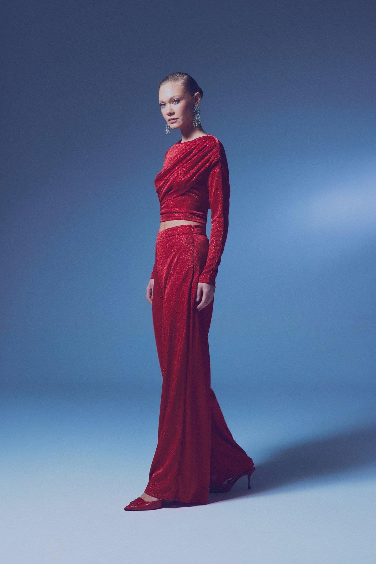 Wholesale Women's Red Lurex Wide-Leg Trousers 0033-1643-5535