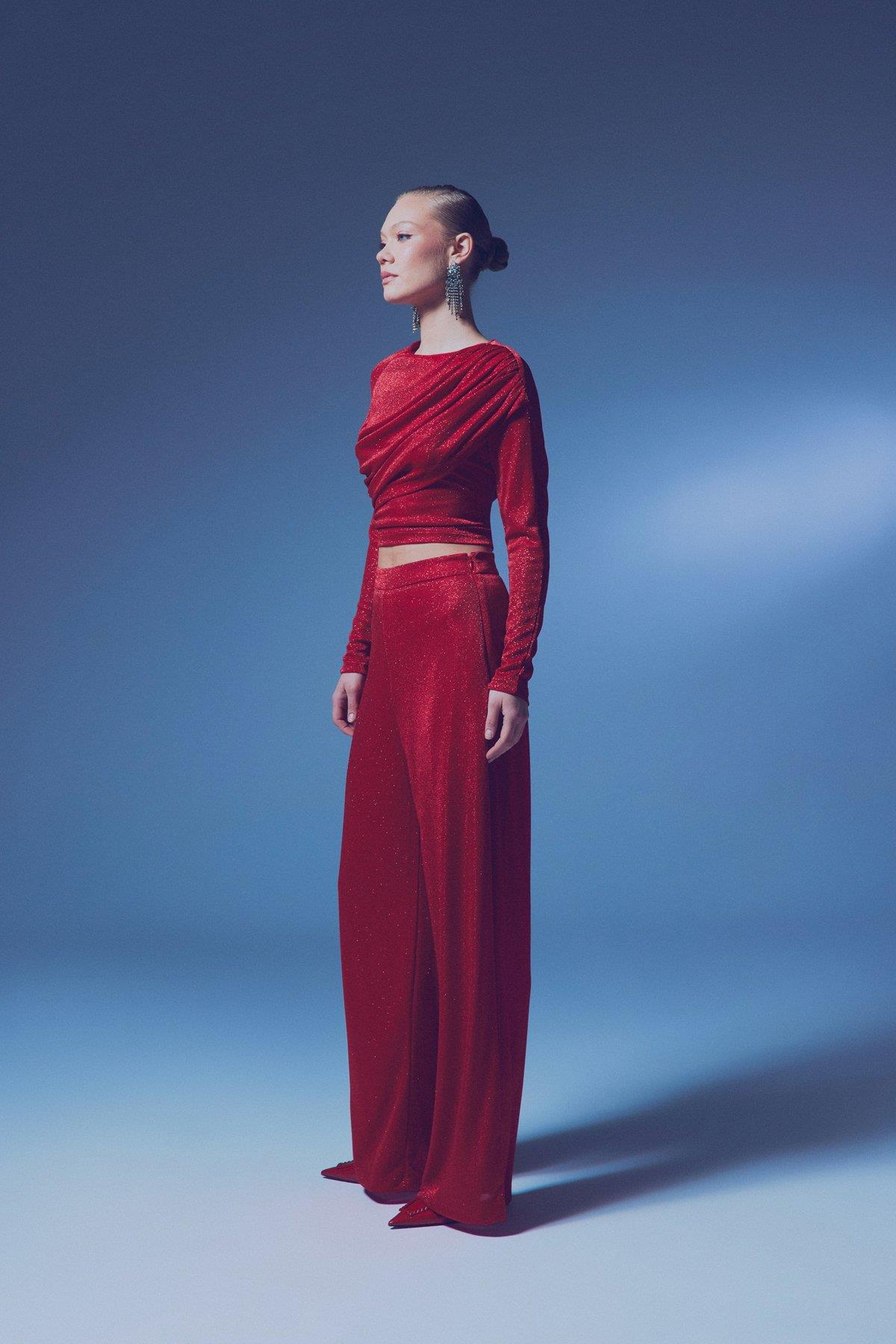 Wholesale Women's Red Lurex Wide-Leg Trousers 0033-1643-5535