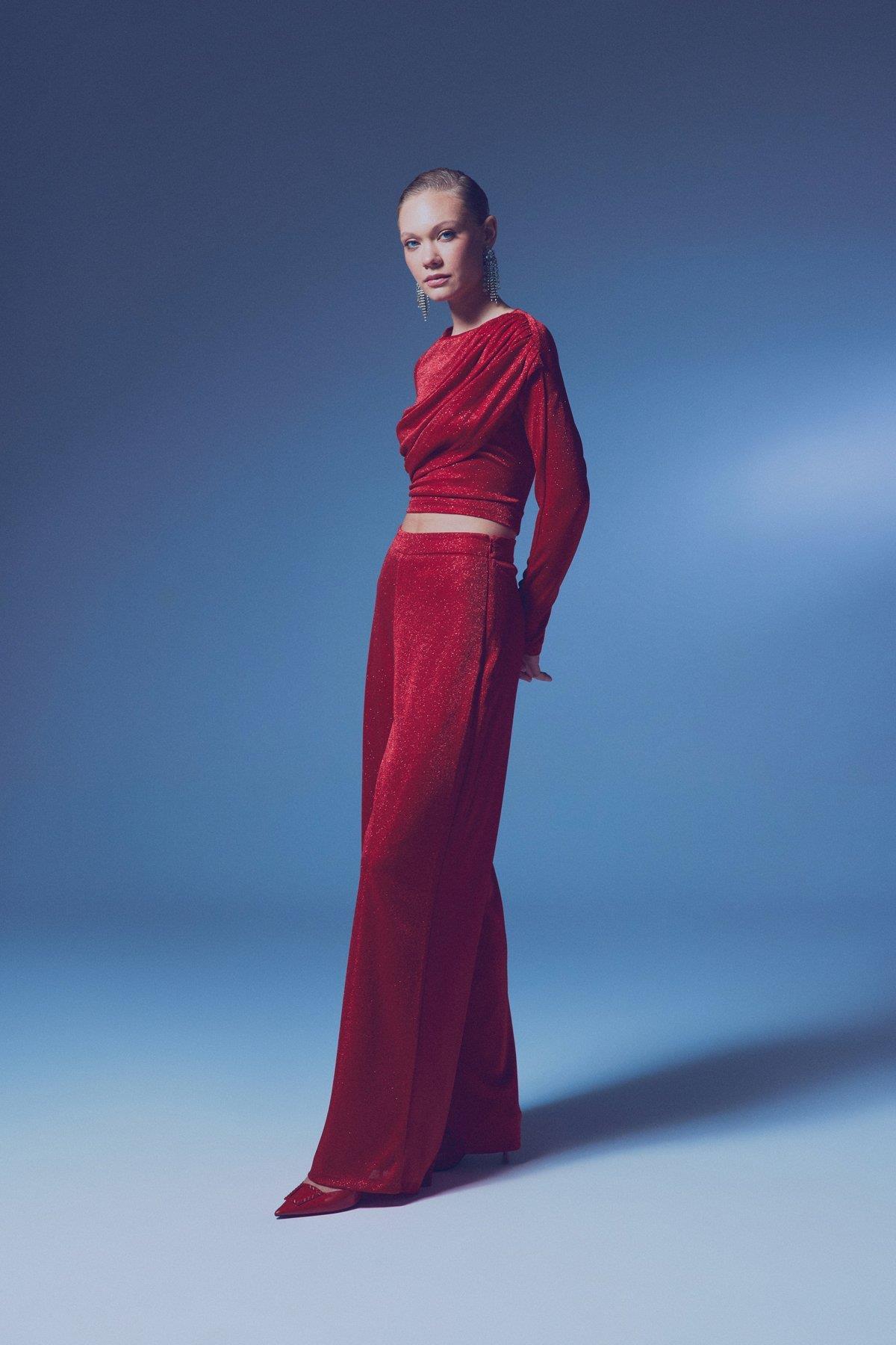 Wholesale Women's Red Lurex Wide-Leg Trousers 0033-1643-5535