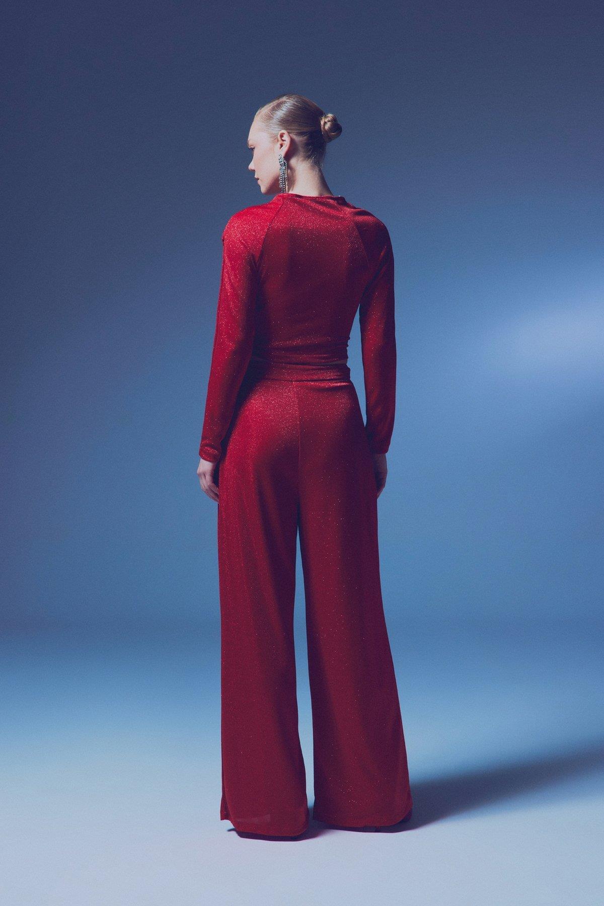 Wholesale Women's Red Lurex Wide-Leg Trousers 0033-1643-5535