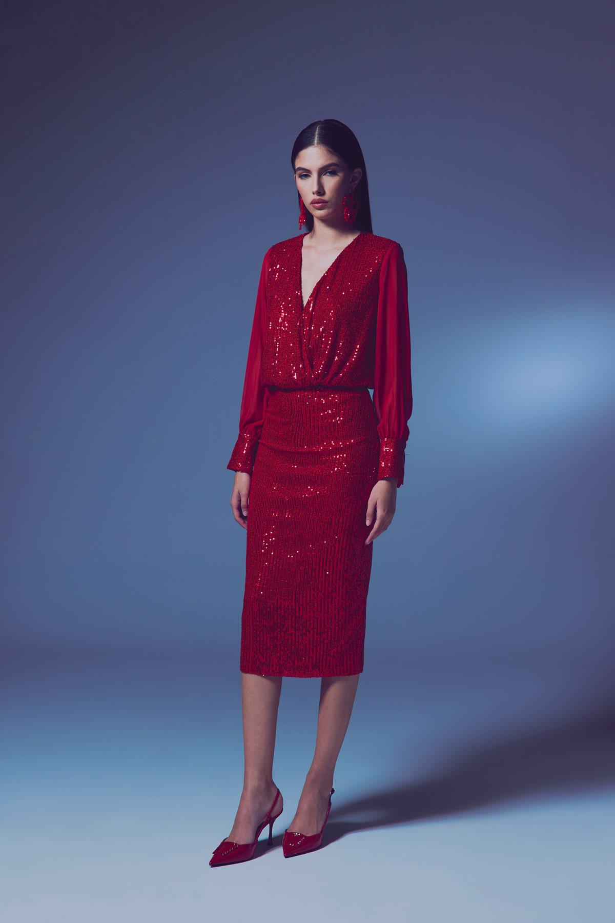 Wholesale Women's Red Midi-Length Sequined Pencil Skirt 0033-2093-4524