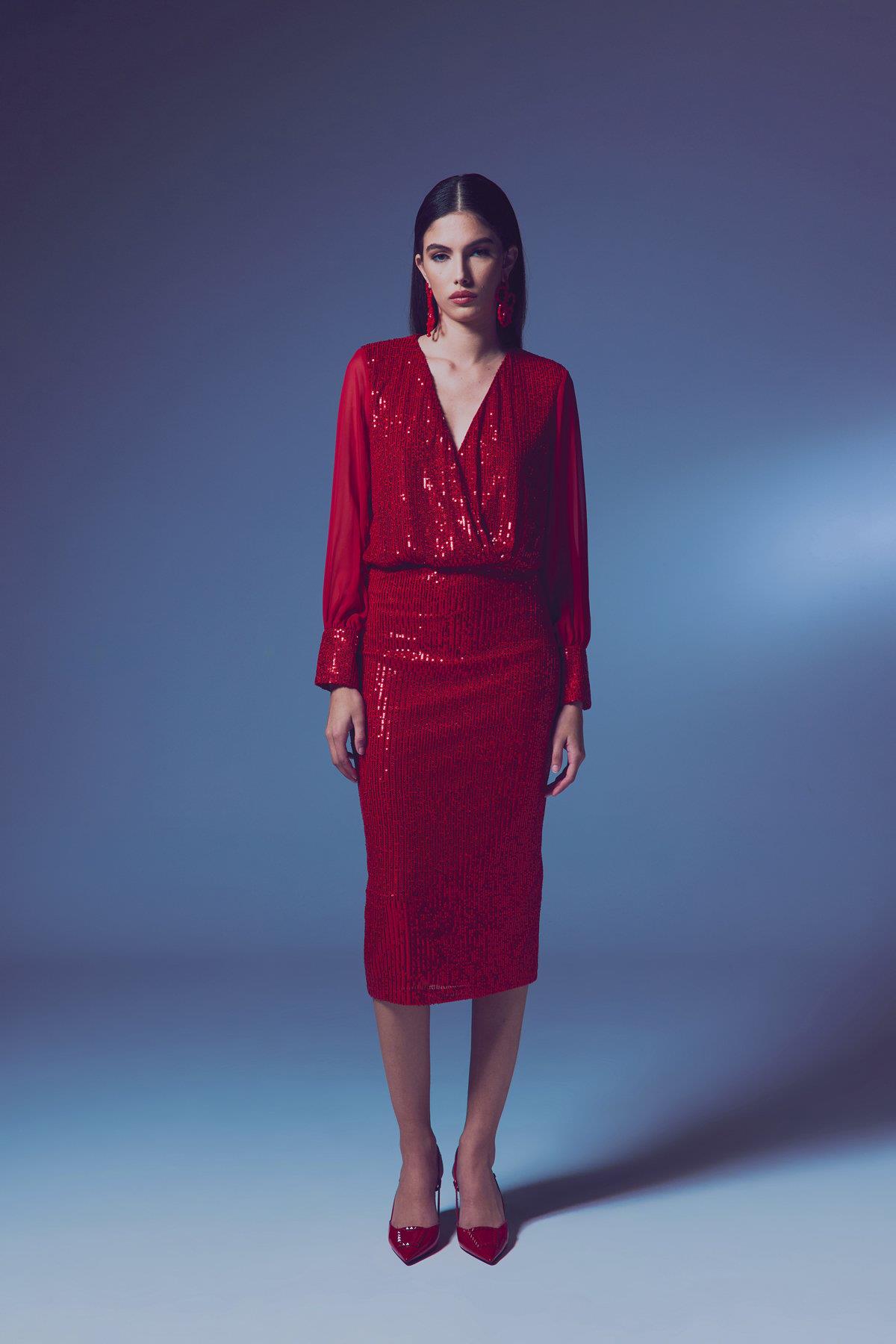 Wholesale Women's Red Midi-Length Sequined Pencil Skirt 0033-2093-4524