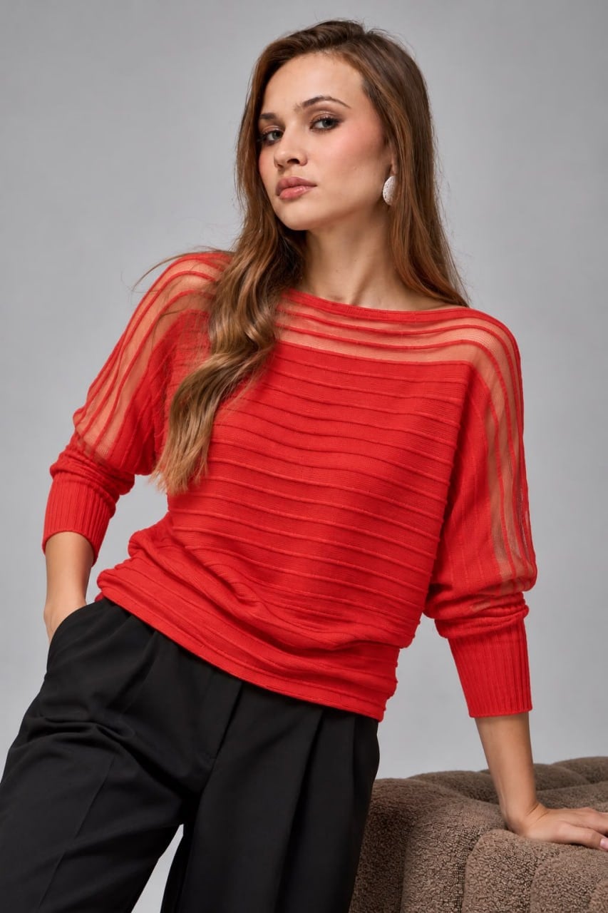 Wholesale Women's Red Pleated-Texture Mercerized Knit Sweater with Sheer Yoke 0037-3711