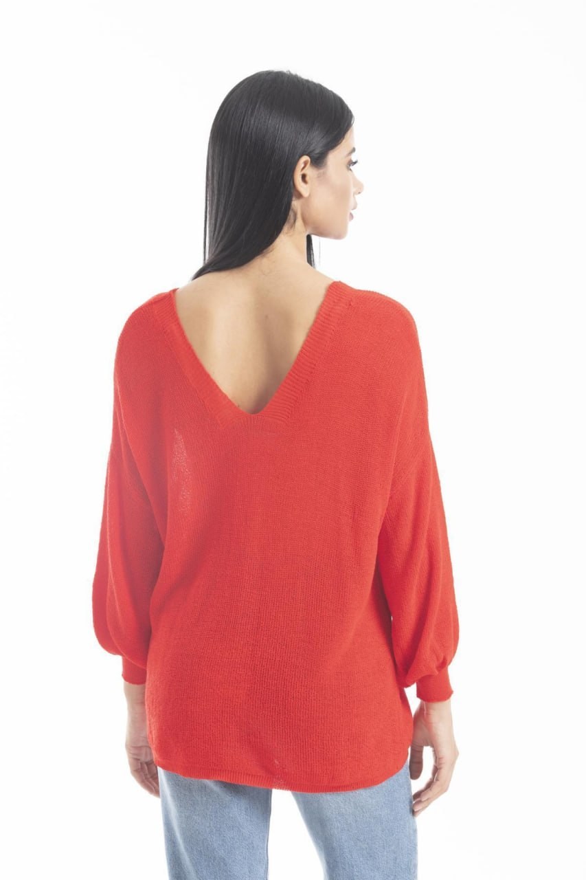 Wholesale Women's Red Relaxed-Fit Mercerized Knit Sweater with Front and Back V-Neck 0037-3276