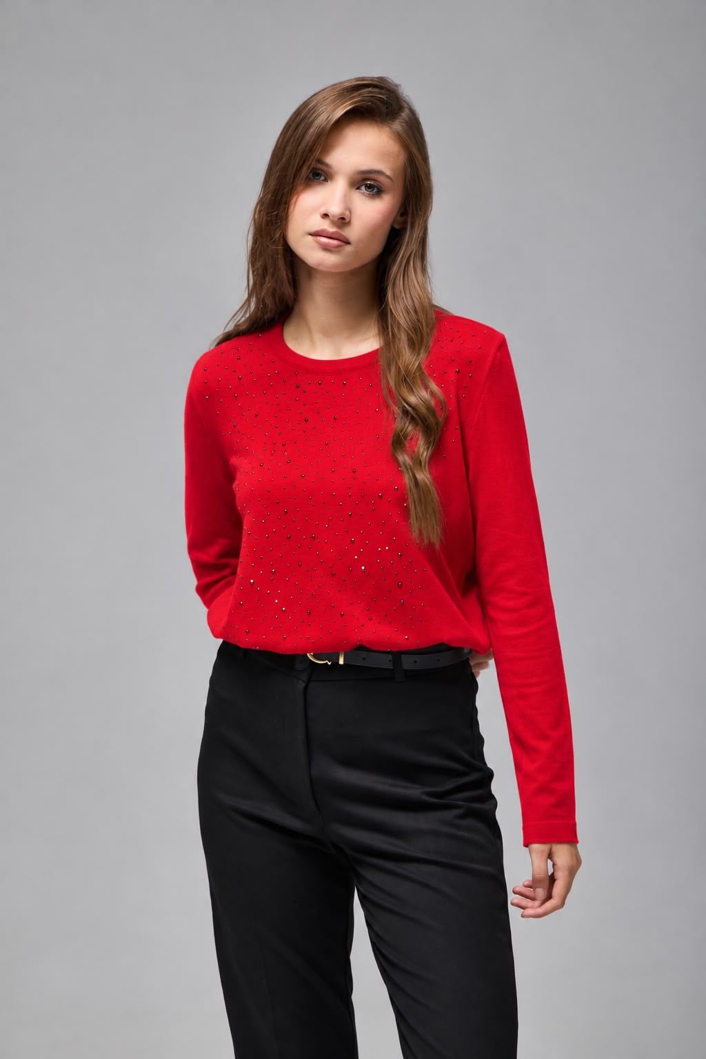 Wholesale Women's Red Rhinestone-Embellished Crew-Neck Knit Sweater 0037-3717