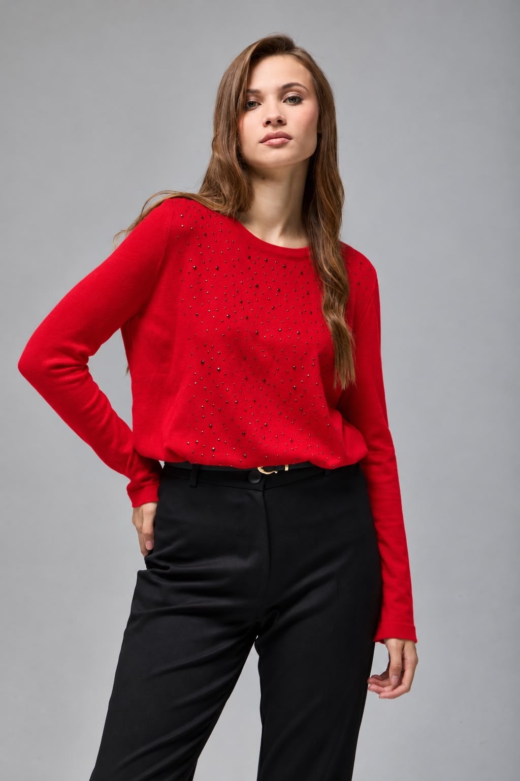 Wholesale Women's Red Rhinestone-Embellished Crew-Neck Knit Sweater 0037-3717