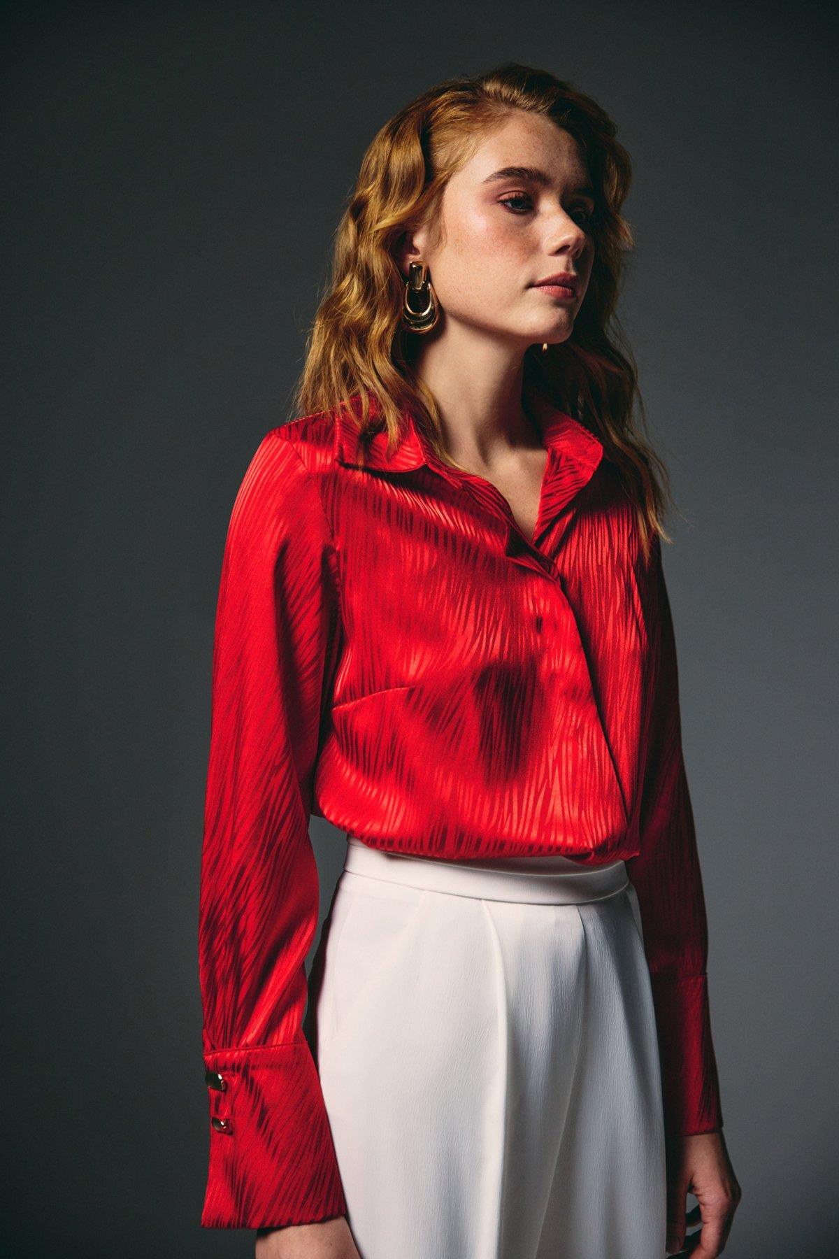 Wholesale Women's Red Satin Jacquard Shirt with Wide Buttoned Cuffs 0033-1958-2592