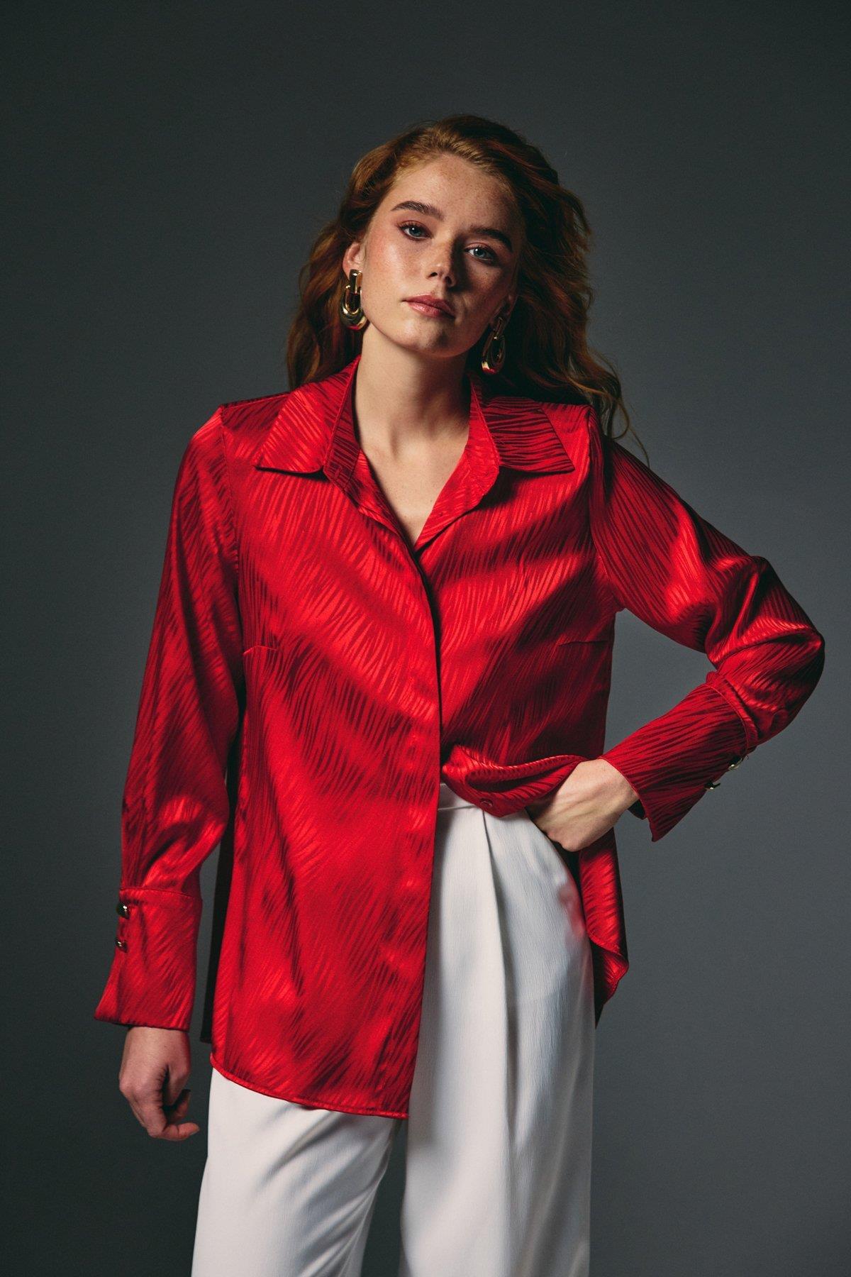 Wholesale Women's Red Satin Jacquard Shirt with Wide Buttoned Cuffs 0033-1958-2592