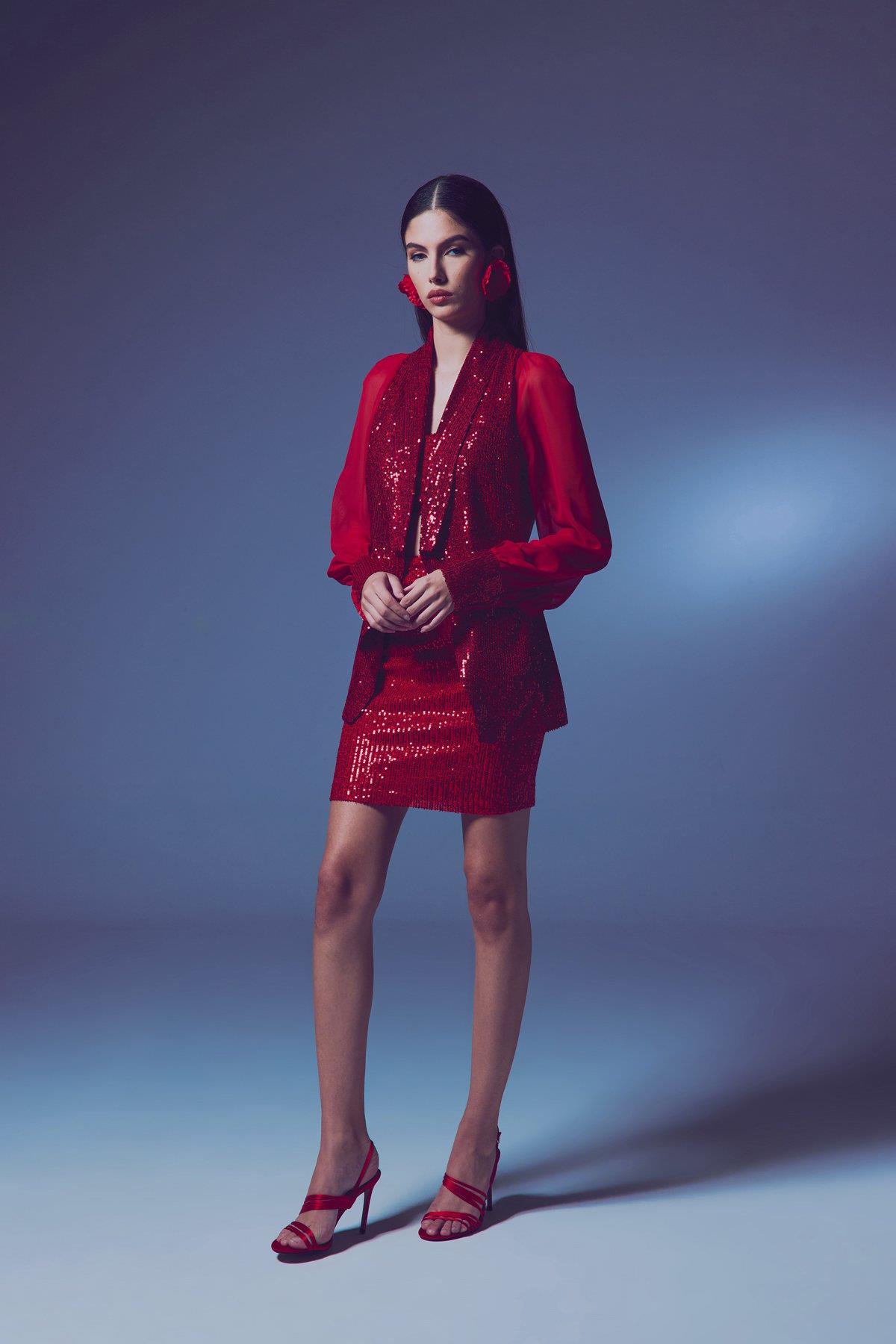 Wholesale Women's Red Sequined Jacket with Chiffon Bishop Sleeves 0033-1690-6561