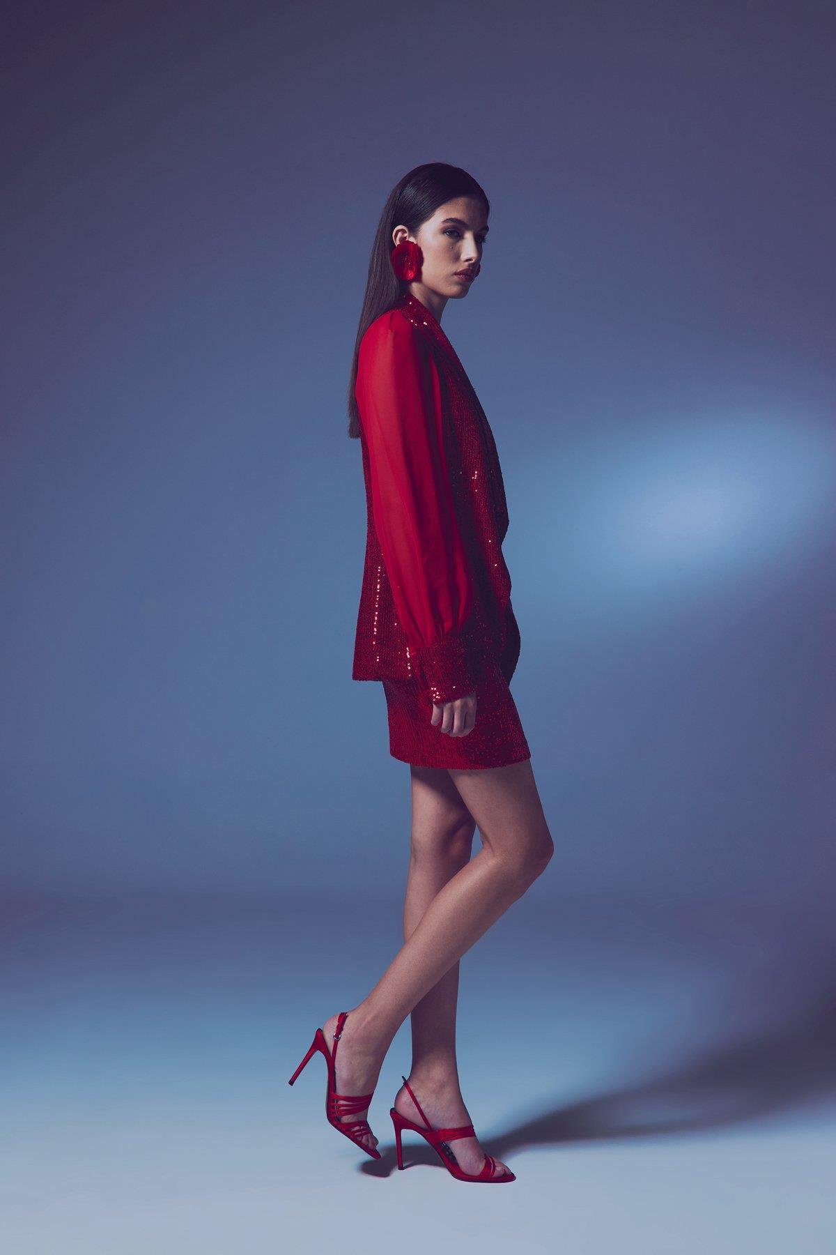 Wholesale Women's Red Sequined Jacket with Chiffon Bishop Sleeves 0033-1690-6561