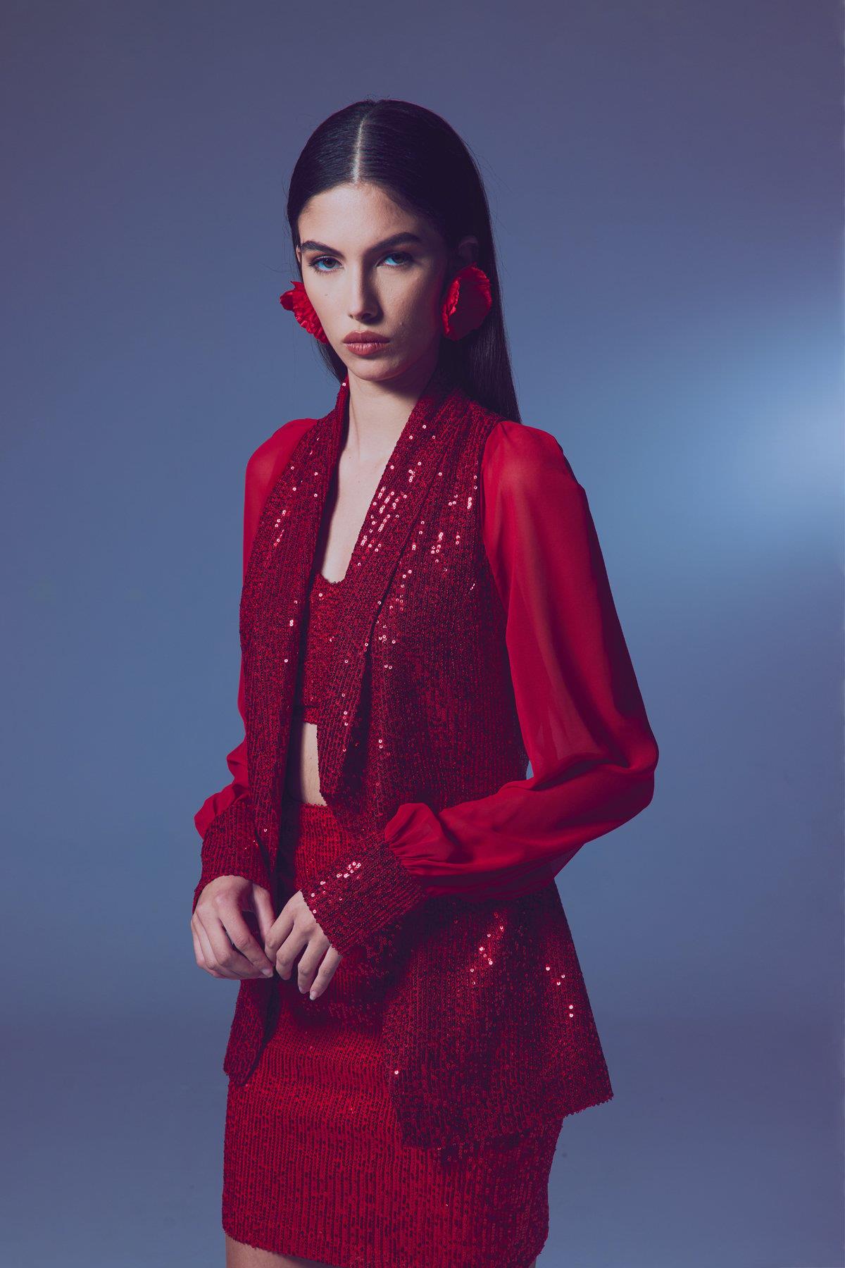 Wholesale Women's Red Sequined Jacket with Chiffon Bishop Sleeves 0033-1690-6561