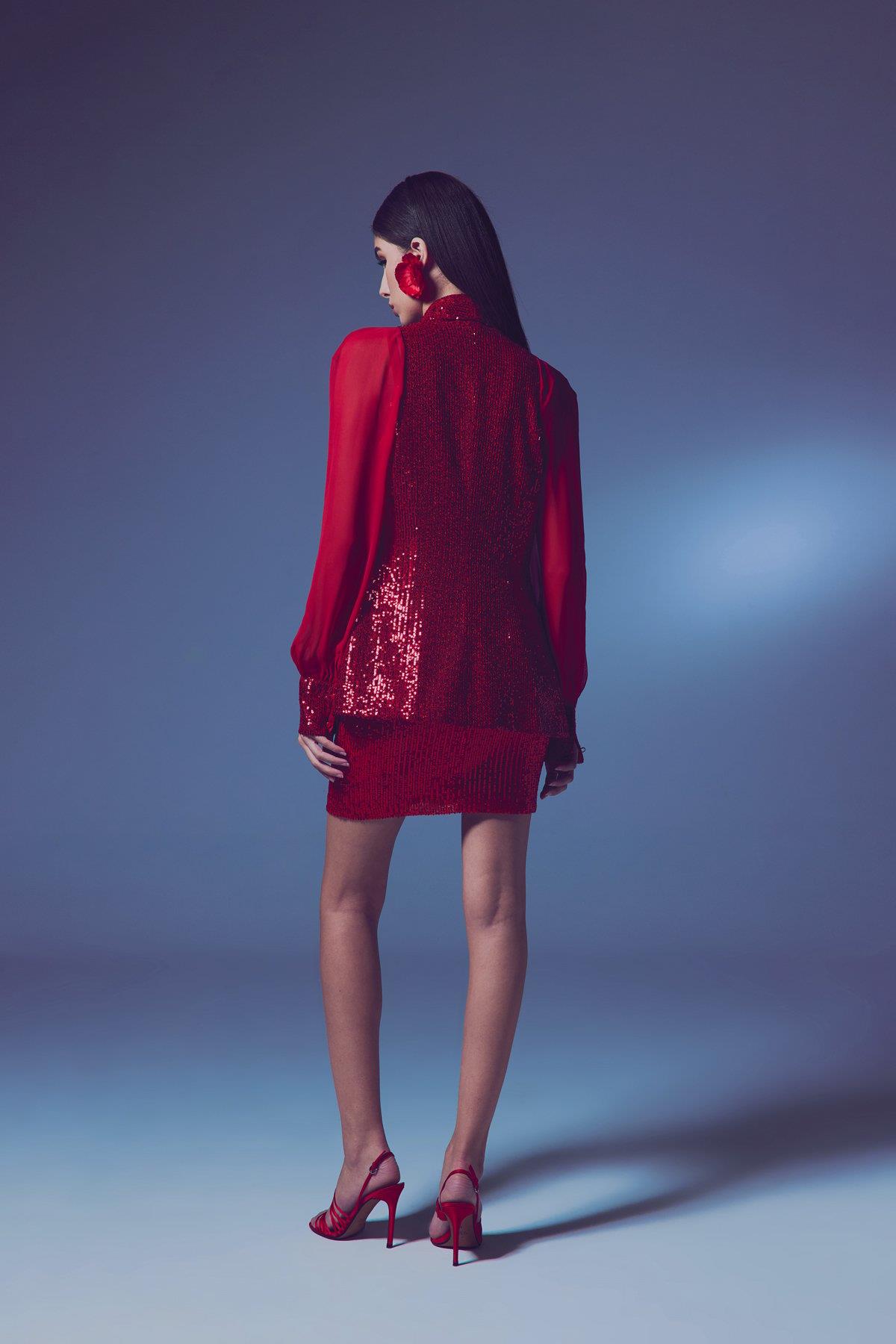 Wholesale Women's Red Sequined Jacket with Chiffon Bishop Sleeves 0033-1690-6561