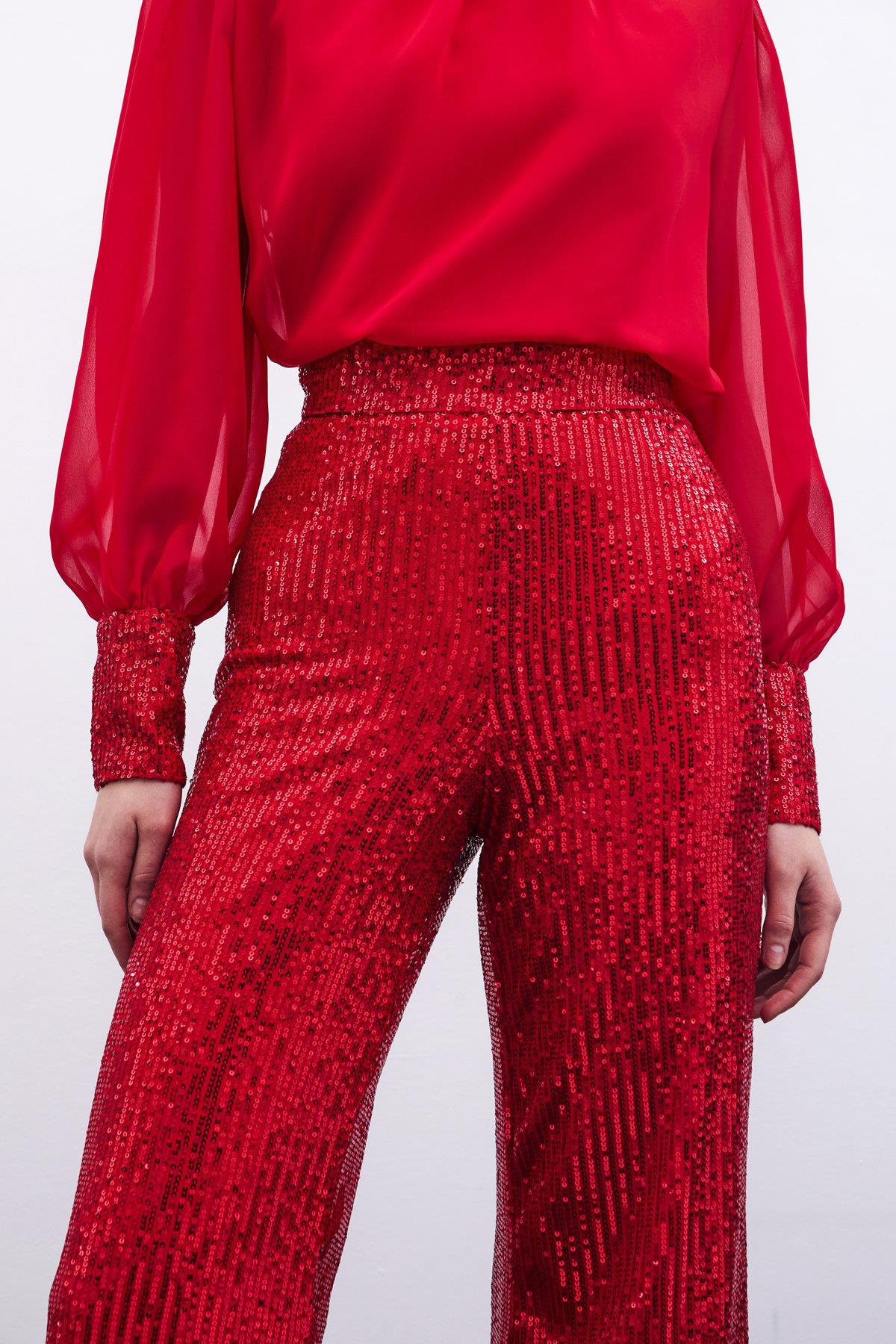 Wholesale Women's Red Sequined Loose-Fit Trousers 0033-2075-5519