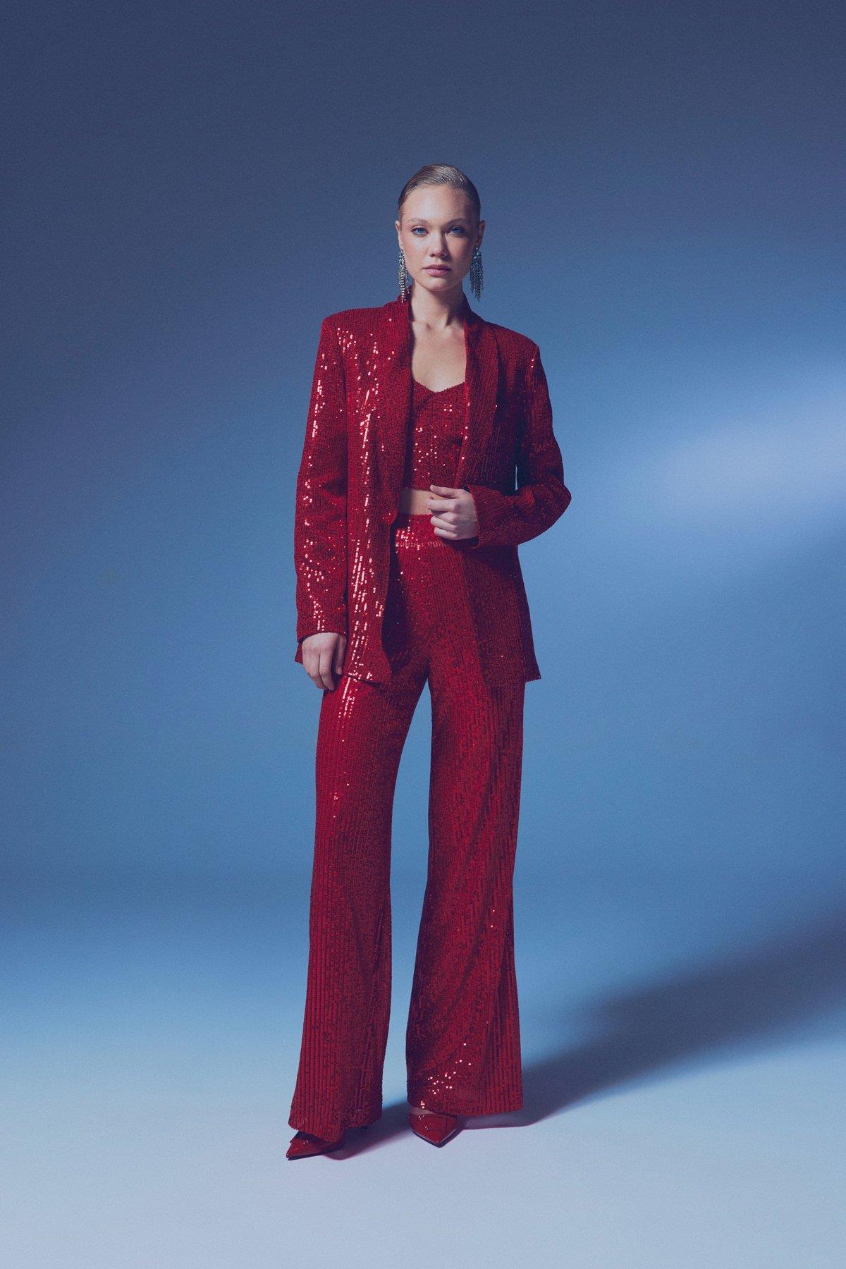 Wholesale Women's Red Sequined Loose-Fit Blazer 0033-1673-6560