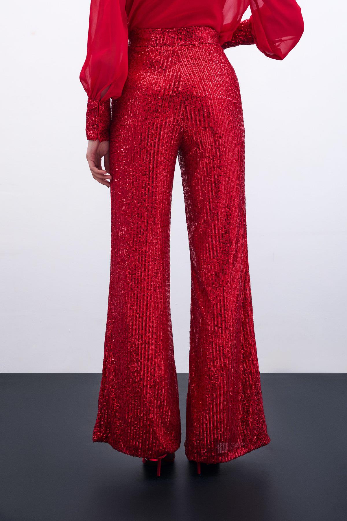 Wholesale Women's Red Sequined Loose-Fit Trousers 0033-2075-5519