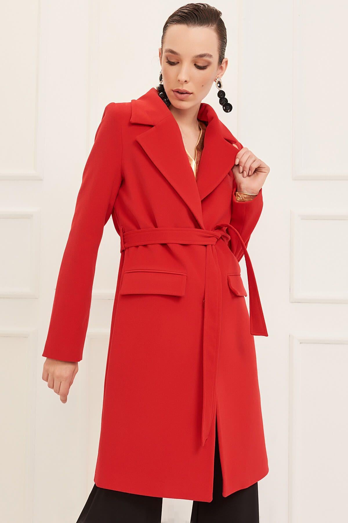 Wholesale Women's Red Short Buttoned Tied Coat