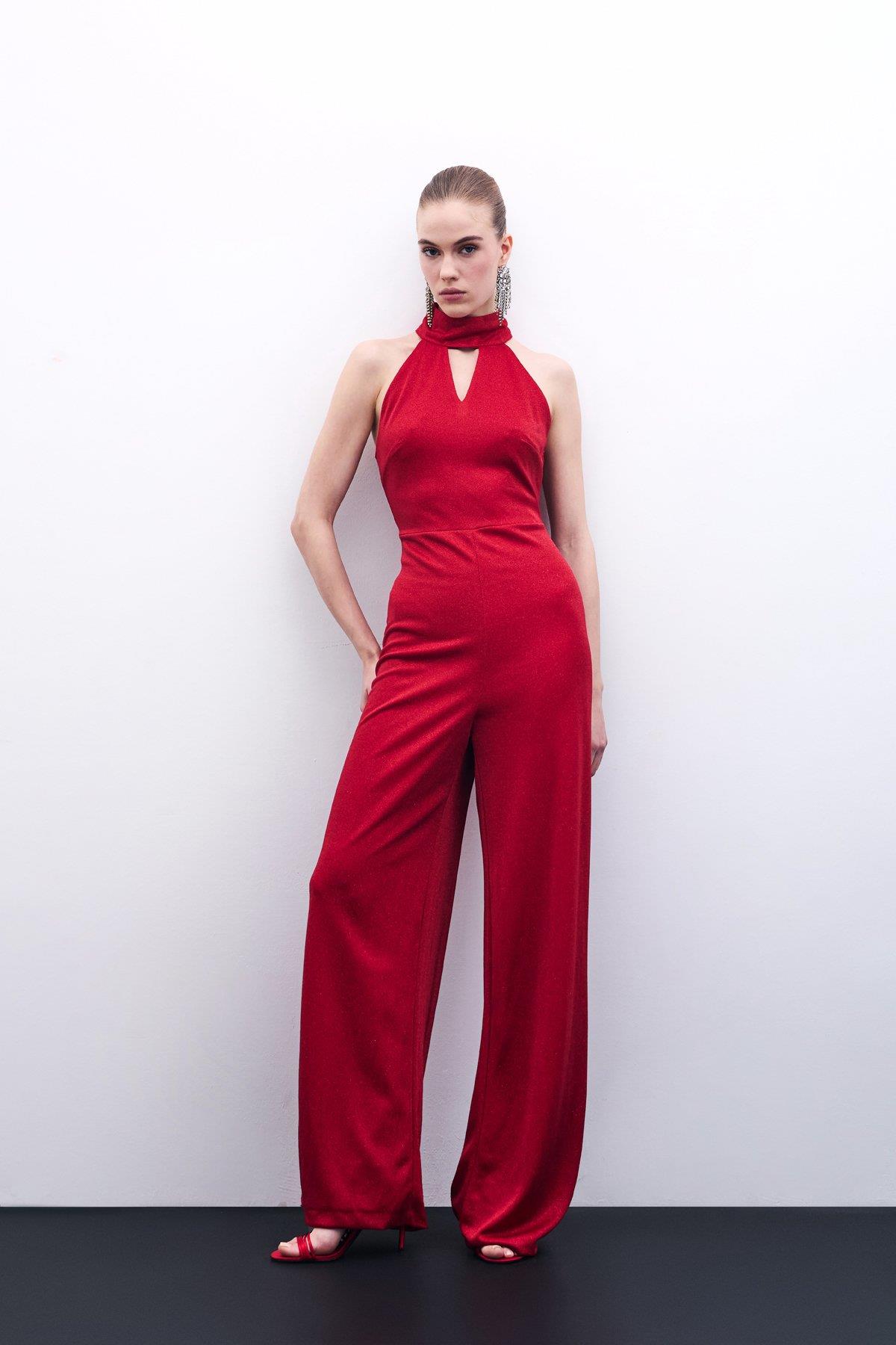 Wholesale Women's Red Sleeveless Mock-Neck Lurex Jumpsuit 0033-1705-7503