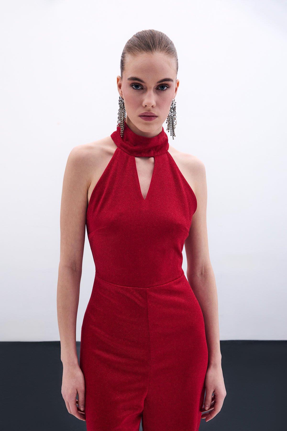 Wholesale Women's Red Sleeveless Mock-Neck Lurex Jumpsuit 0033-1705-7503