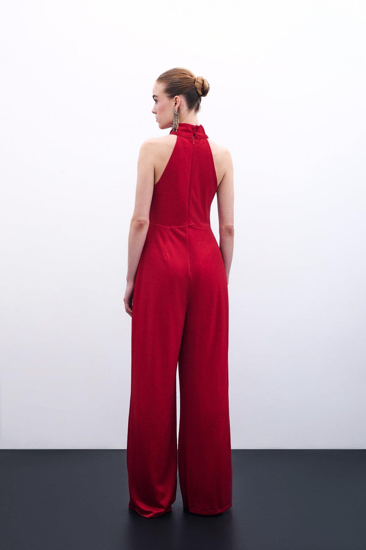 Wholesale Women's Red Sleeveless Mock-Neck Lurex Jumpsuit 0033-1705-7503