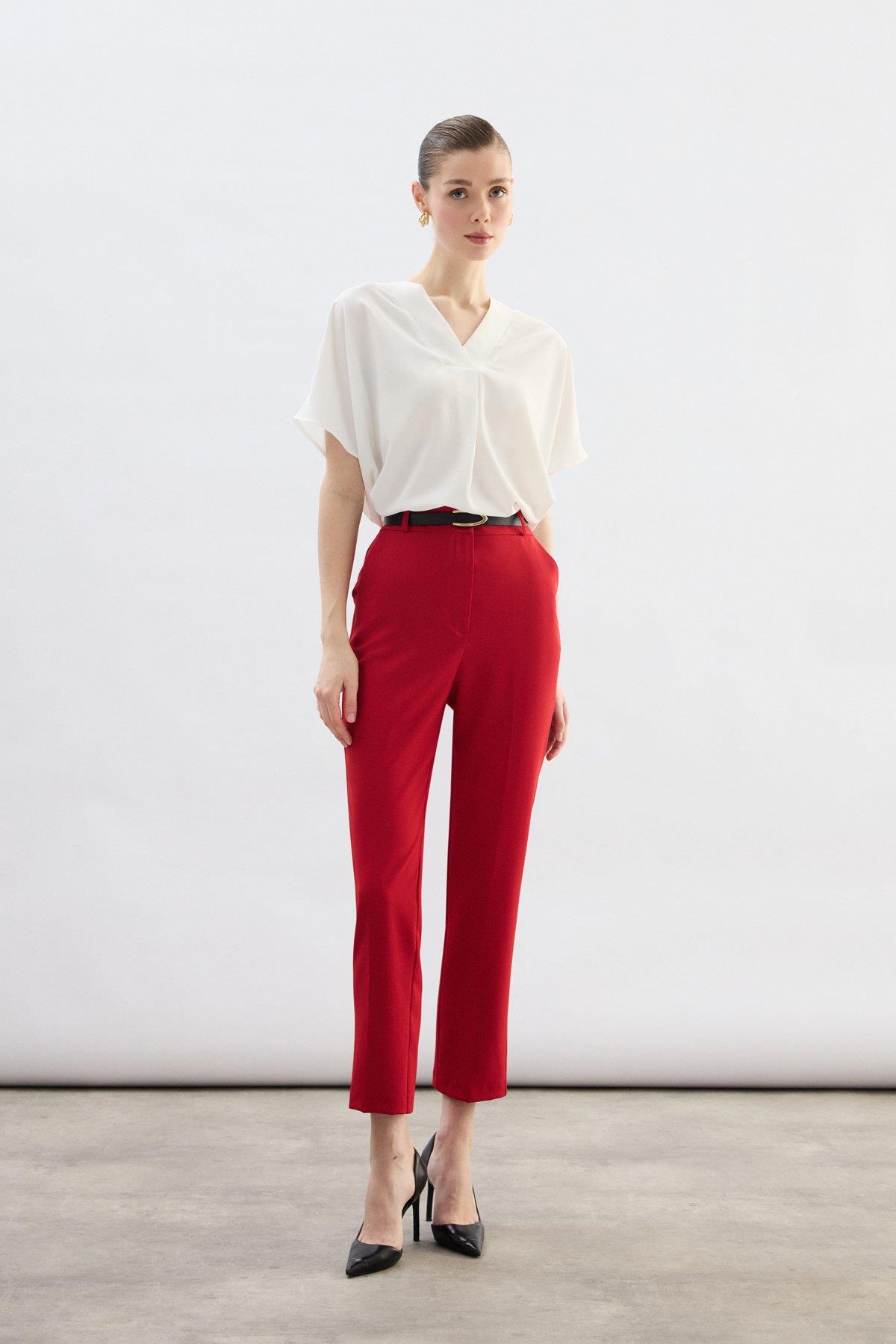 Wholesale Women's Red Trousers with Belt 0033-1860-5066