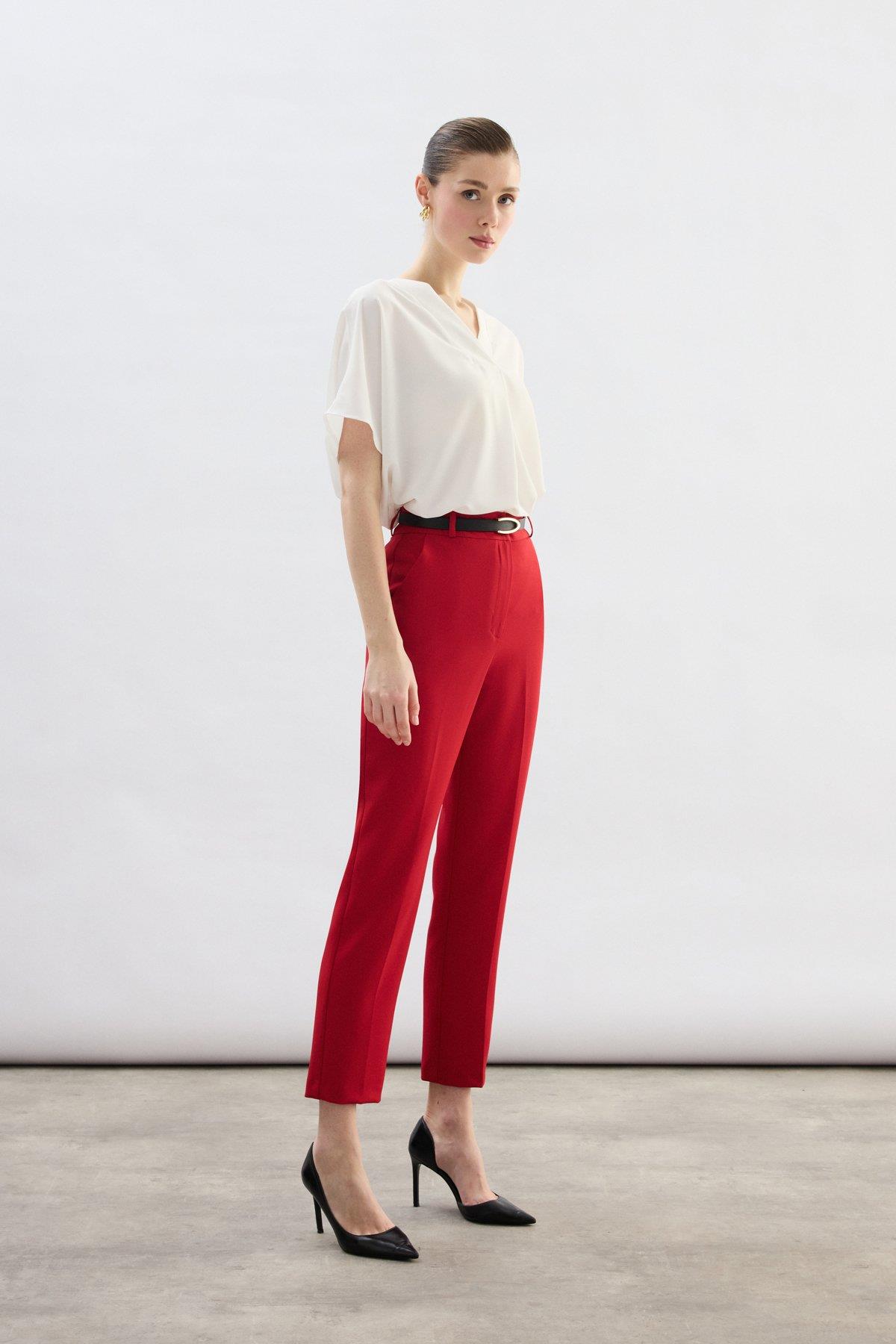 Wholesale Women's Red Trousers with Belt 0033-1860-5066