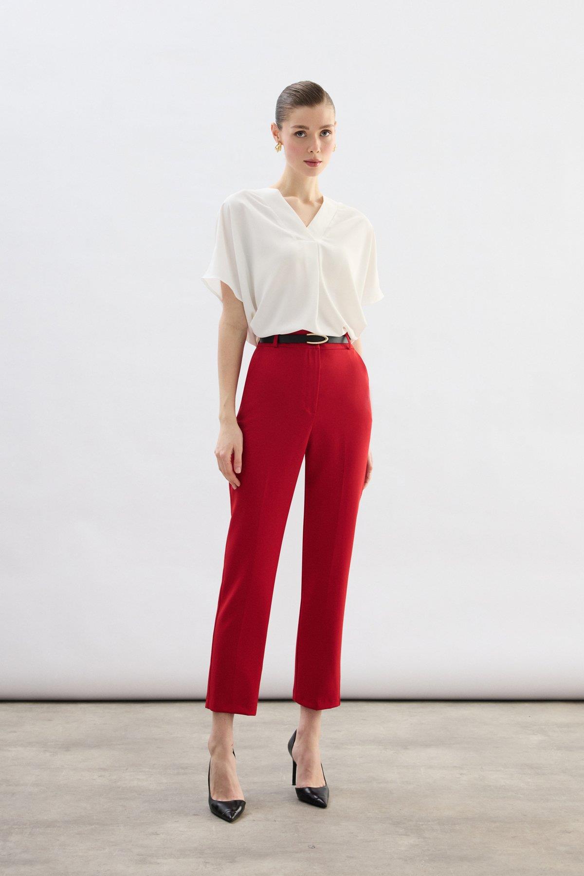 Wholesale Women's Red Trousers with Belt 0033-1860-5066