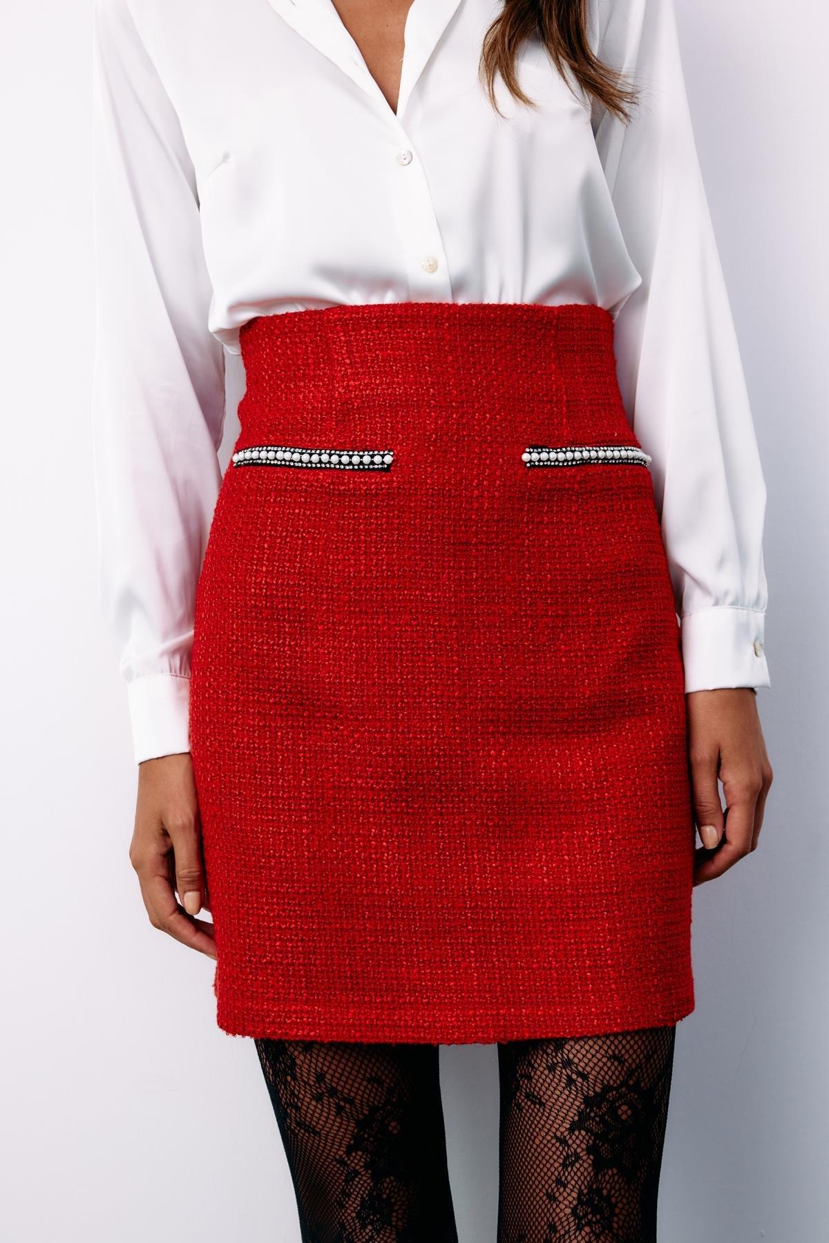 Wholesale Women's Red Tweed Mini Skirt with Rhinestone and Pearl Embellishment 0033-1550-4510