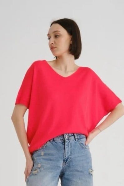 Wholesale Women's Red V-Neck Mercerized Knit Sweater with Short Sleeves 0037-3347