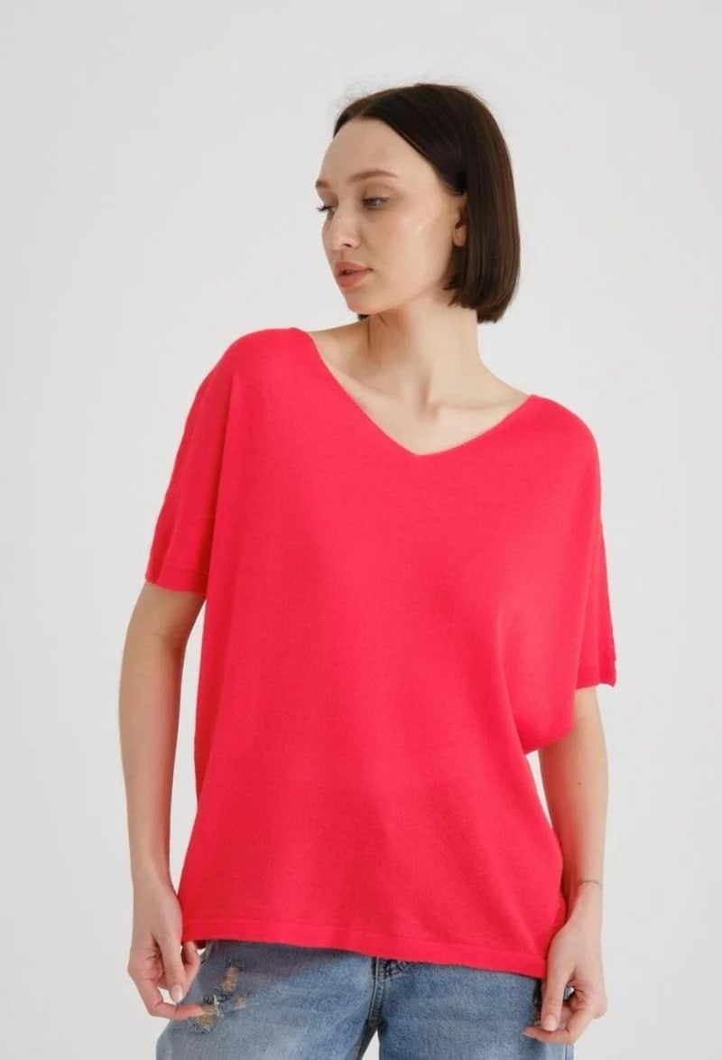 Wholesale Women's Red V-Neck Mercerized Knit Sweater with Short Sleeves 0037-3347