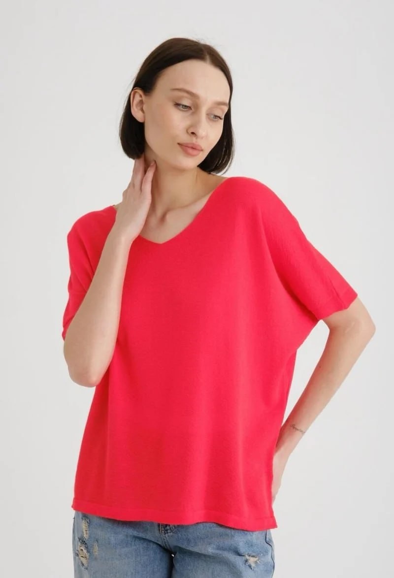 Wholesale Women's Red V-Neck Mercerized Knit Sweater with Short Sleeves 0037-3347