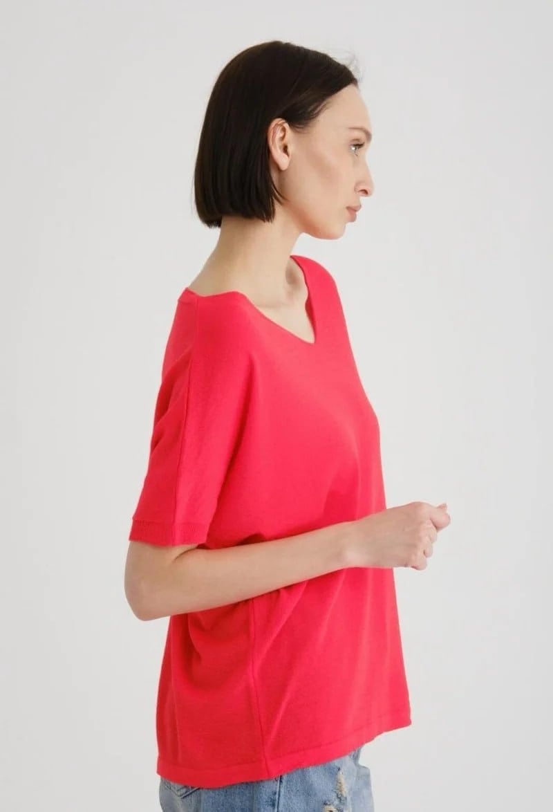 Wholesale Women's Red V-Neck Mercerized Knit Sweater with Short Sleeves 0037-3347