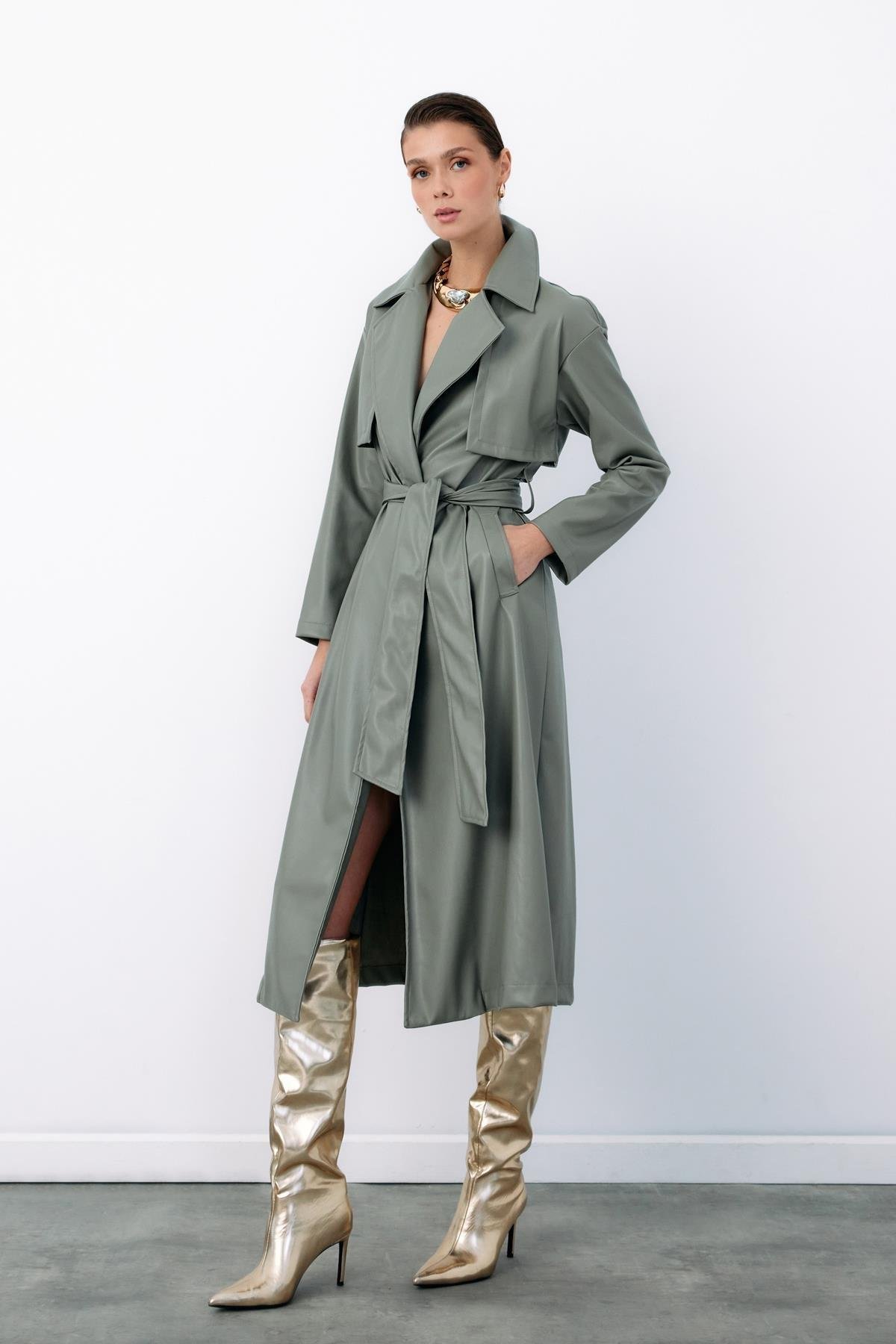 Wholesale Women's Sage Leather Trench Coat 0033-665-6517