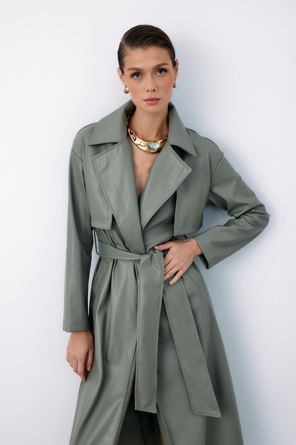 Wholesale Women's Sage Leather Trench Coat 0033-665-6517