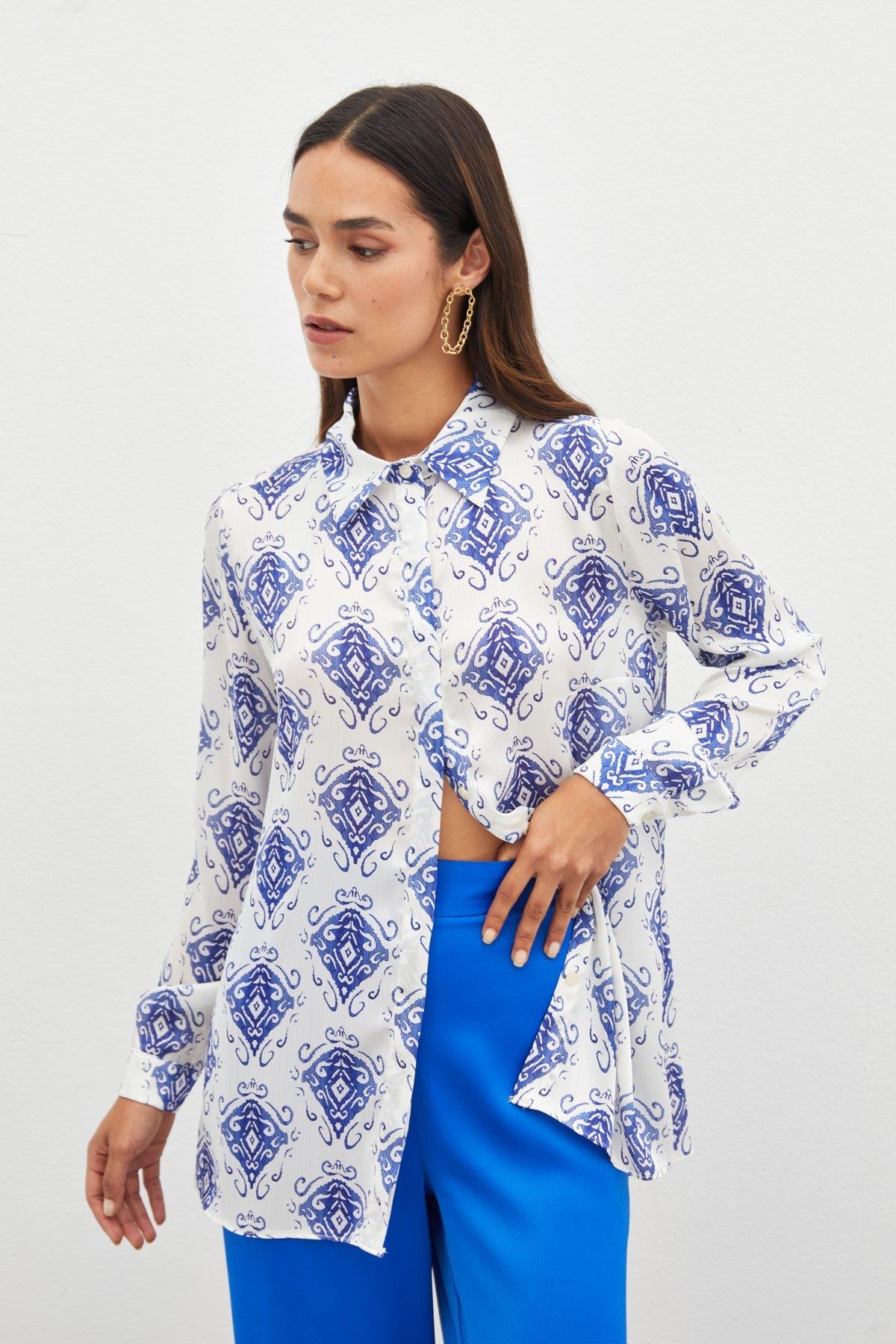 Wholesale Women's Sax Blue Loose-Fit Patterned Shirt 0033-1461-2051