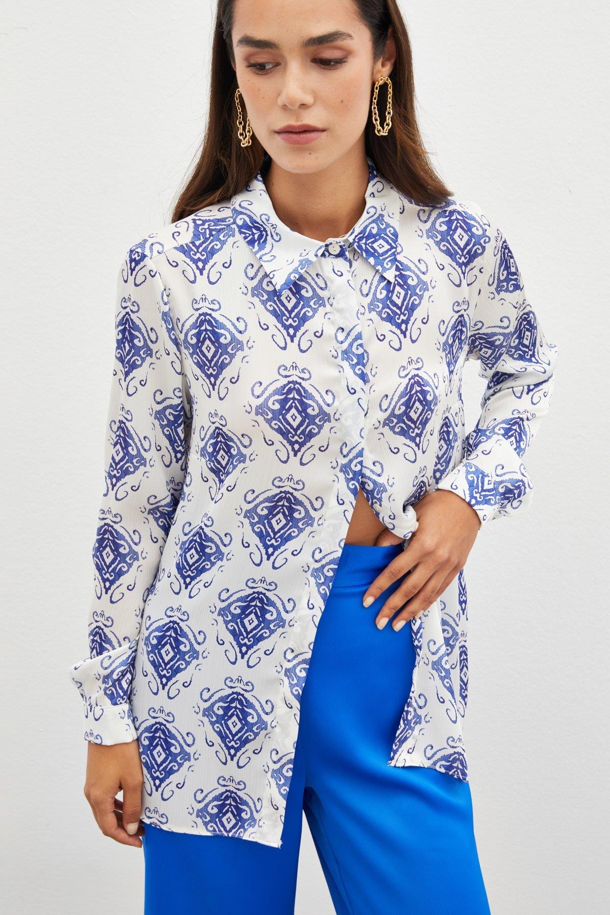 Wholesale Women's Sax Blue Loose-Fit Patterned Shirt 0033-1461-2051