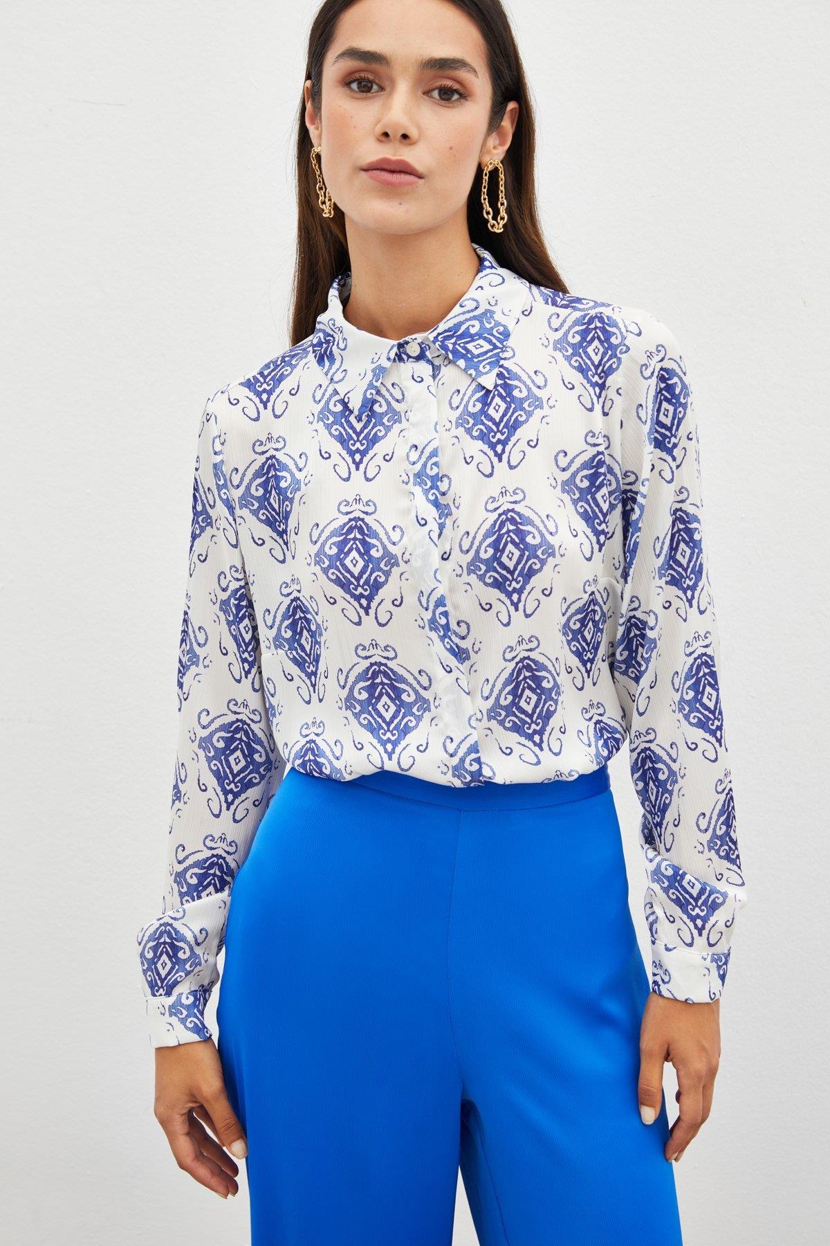 Wholesale Women's Sax Blue Loose-Fit Patterned Shirt 0033-1461-2051