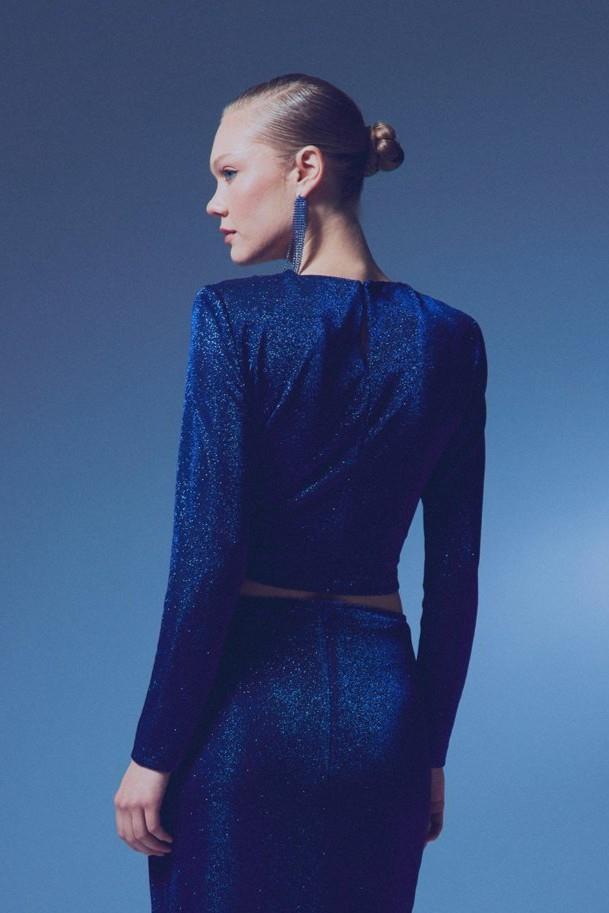 Wholesale Women's Sax Blue Lurex Long-Sleeve Blouse with Shoulder Pads 0033-1660-1547