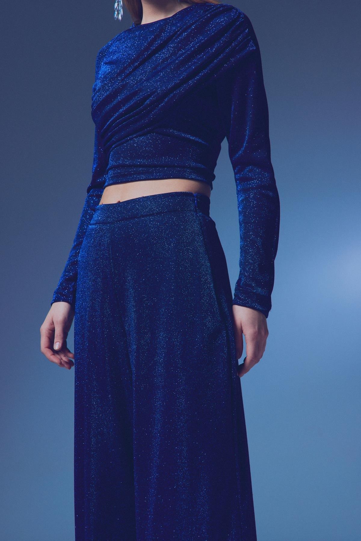 Wholesale Women's Sax Blue Lurex Wide-Leg Trousers 0033-1643-5535