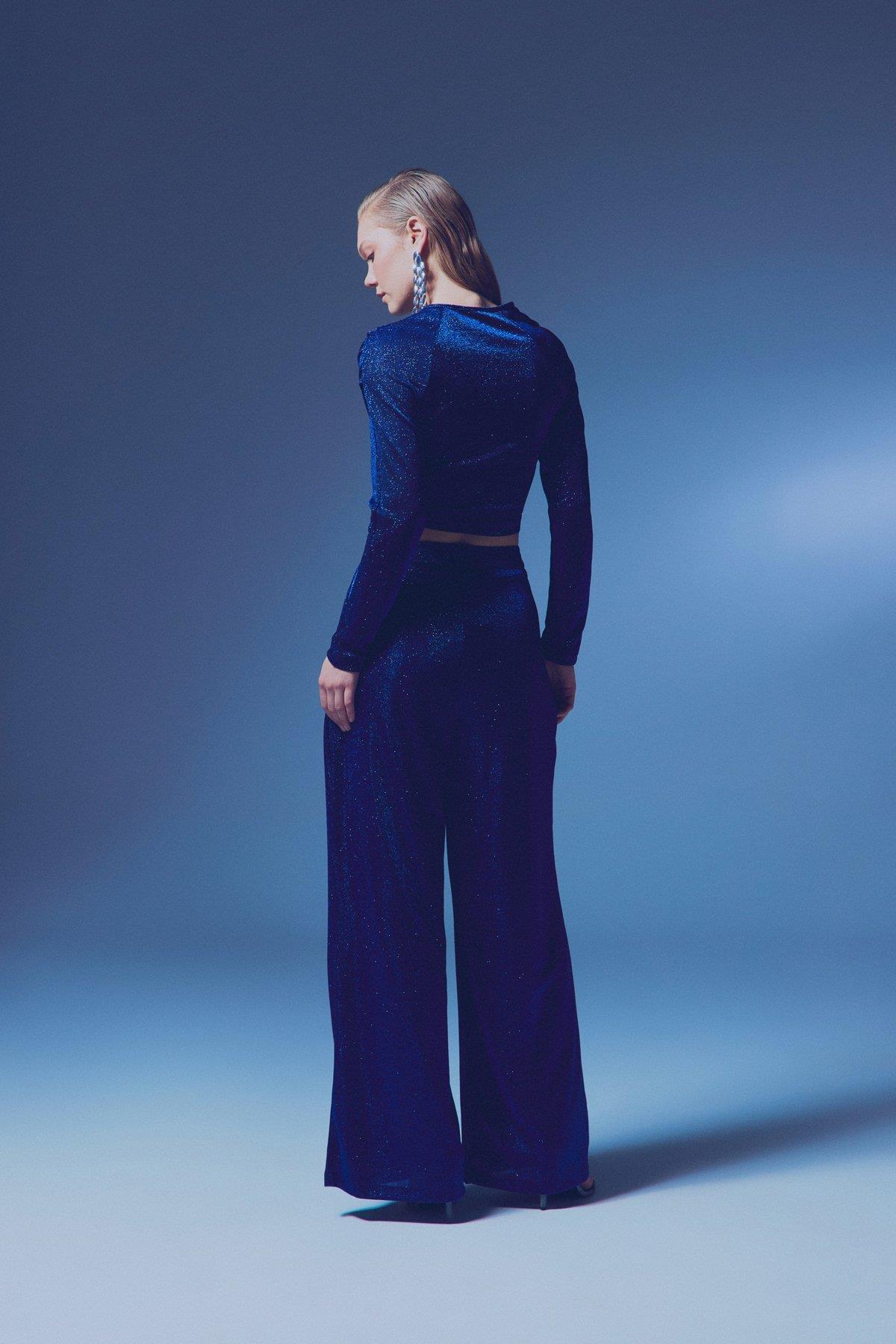 Wholesale Women's Sax Blue Lurex Wide-Leg Trousers 0033-1643-5535