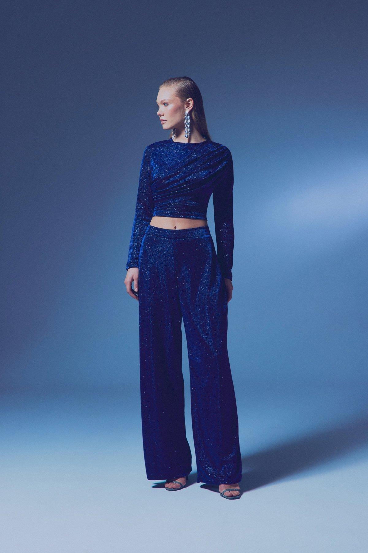 Wholesale Women's Sax Blue Lurex Wide-Leg Trousers 0033-1643-5535