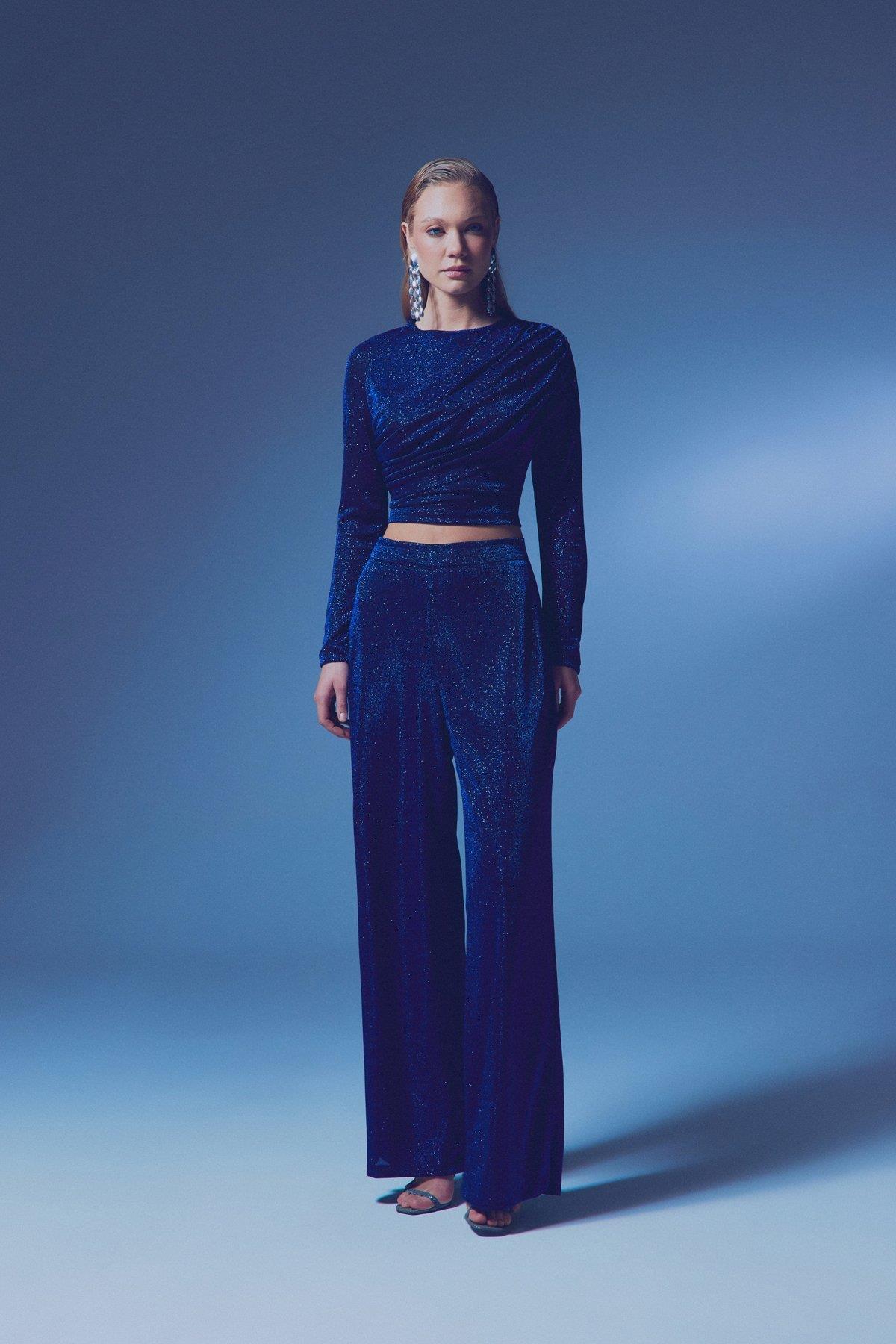 Wholesale Women's Sax Blue Lurex Wide-Leg Trousers 0033-1643-5535