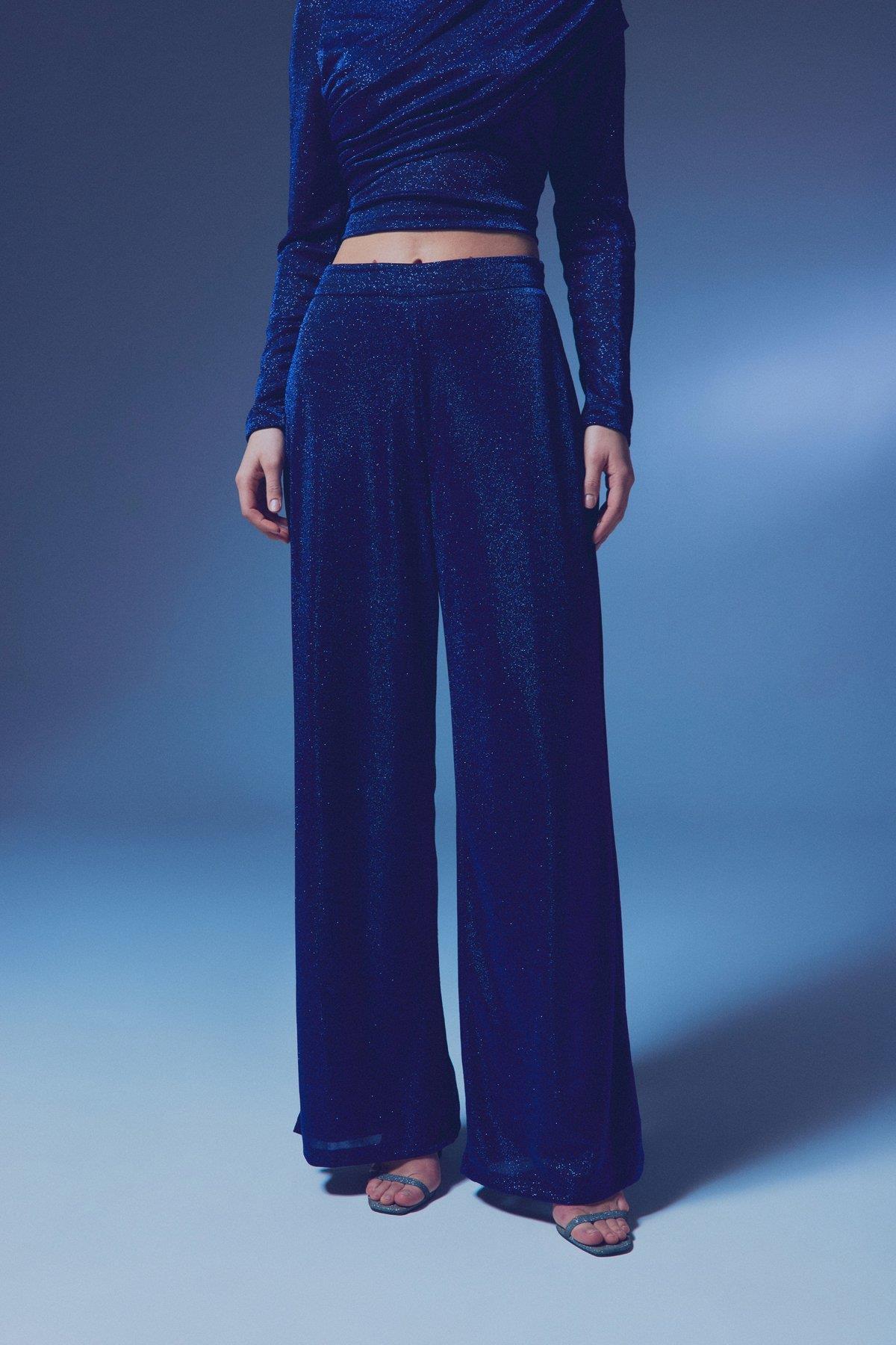 Wholesale Women's Sax Blue Lurex Wide-Leg Trousers 0033-1643-5535