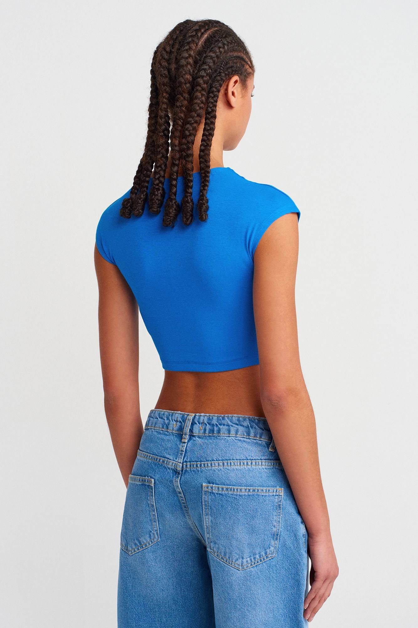 Wholesale Women's Sax Blue Modal-Cotton Cropped T-Shirt 0431-30528